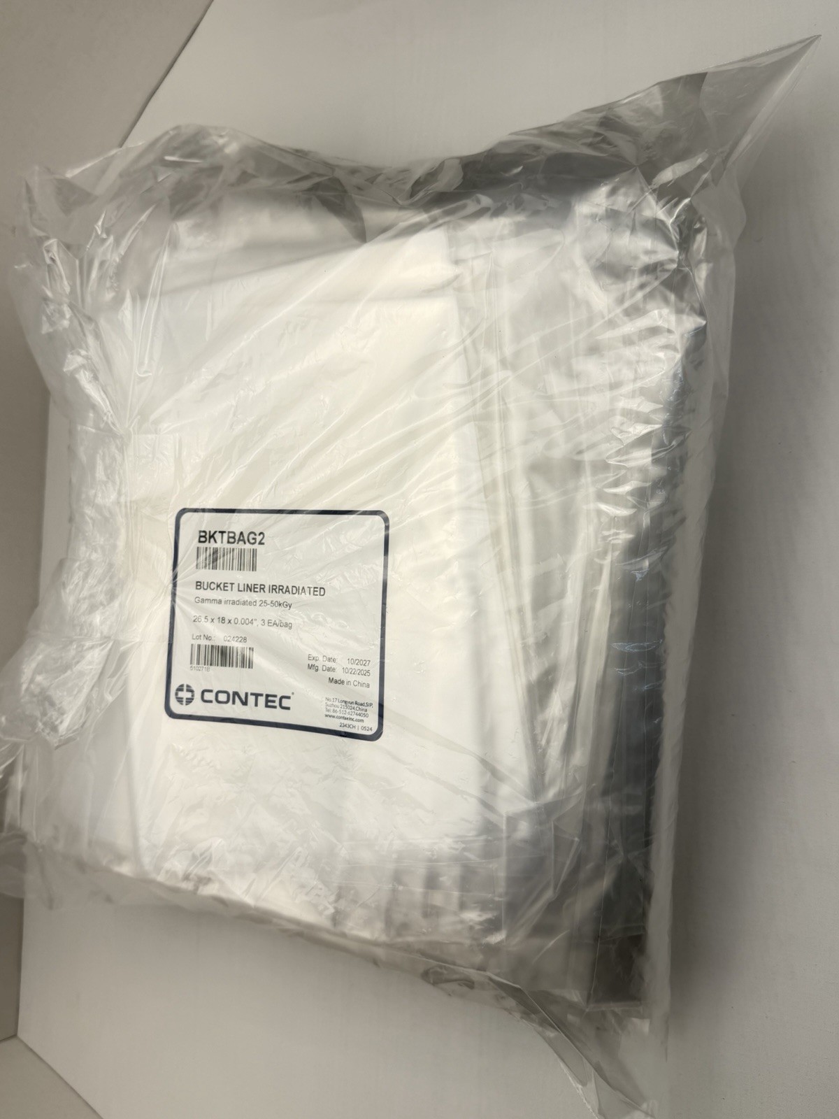 Contec BKTBAG2 Irradiated Bucket Liners 25-50kGy 26.5x18x0.004″ Qty.15×3 -45 bag