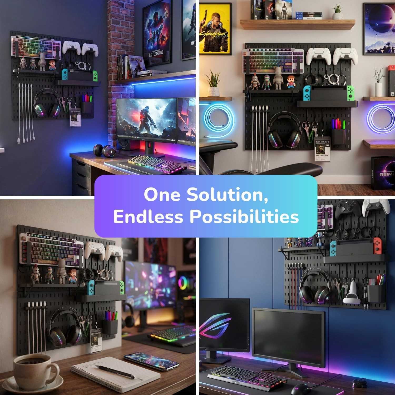 Keepo Peg Board Wall Organizer for Gaming Setup, Pegboard with Adhesives & Sc…