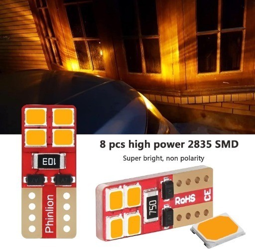 12V T10 168 194 Amber Yellow LED Bulbs, Super Bright 8-SMD 2835 Wedge Lights for