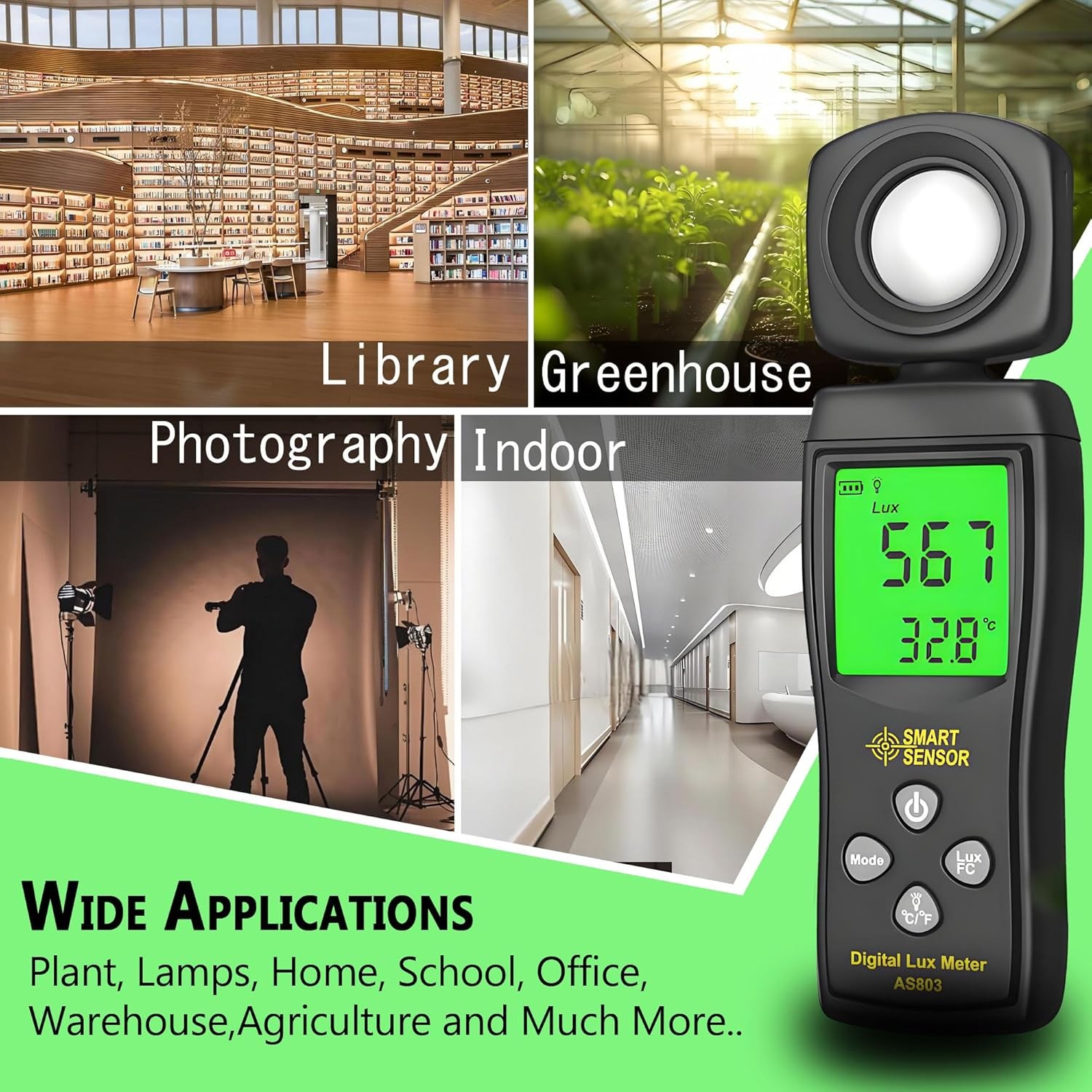 Digital Light Meter, Backlit LCD Display Lux/Foot Candles Meter with 180º Rotati
