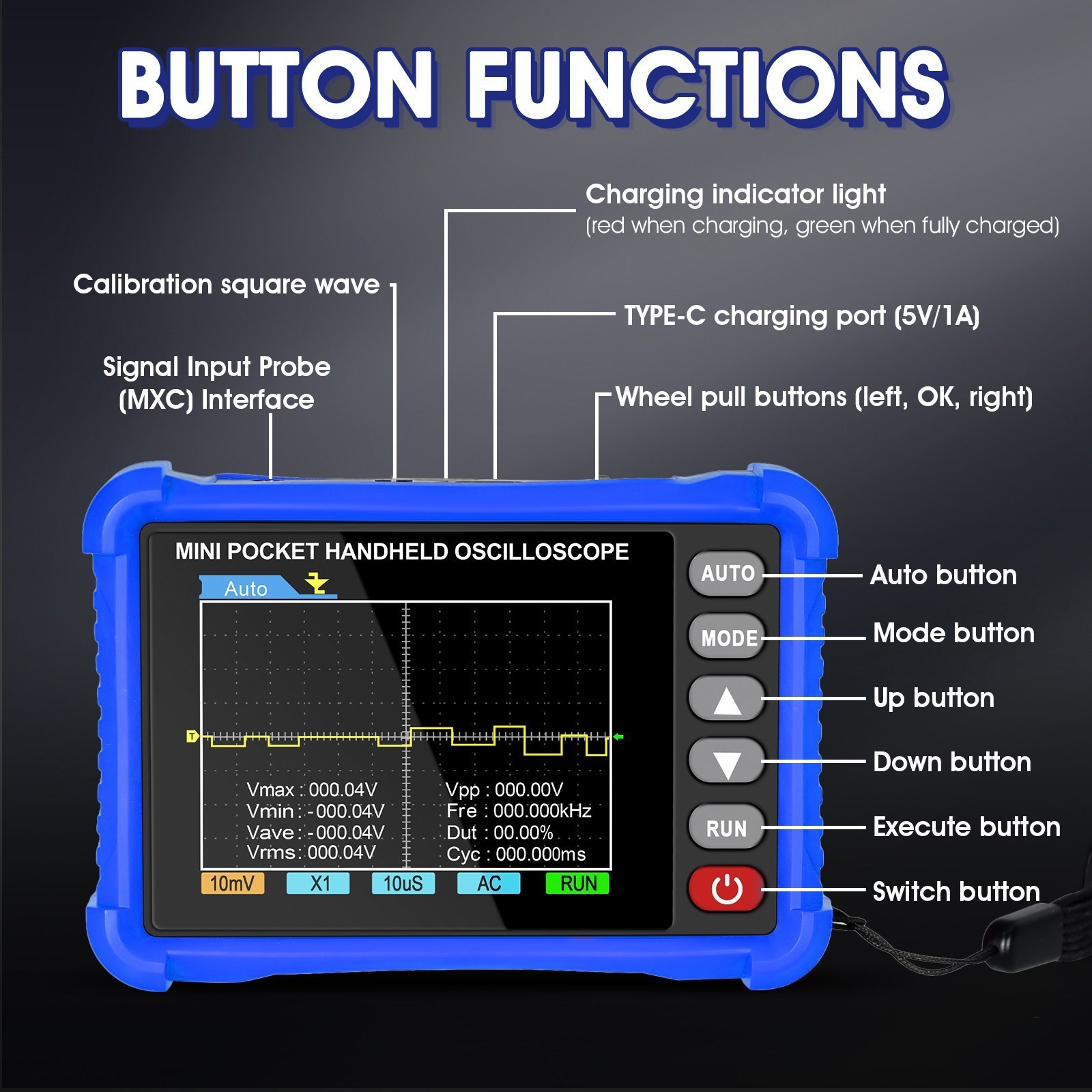 HP-500K Handheld Digital Oscilloscope 500kHz, 2.5MS/s, Portable, Auto, BNC Probe