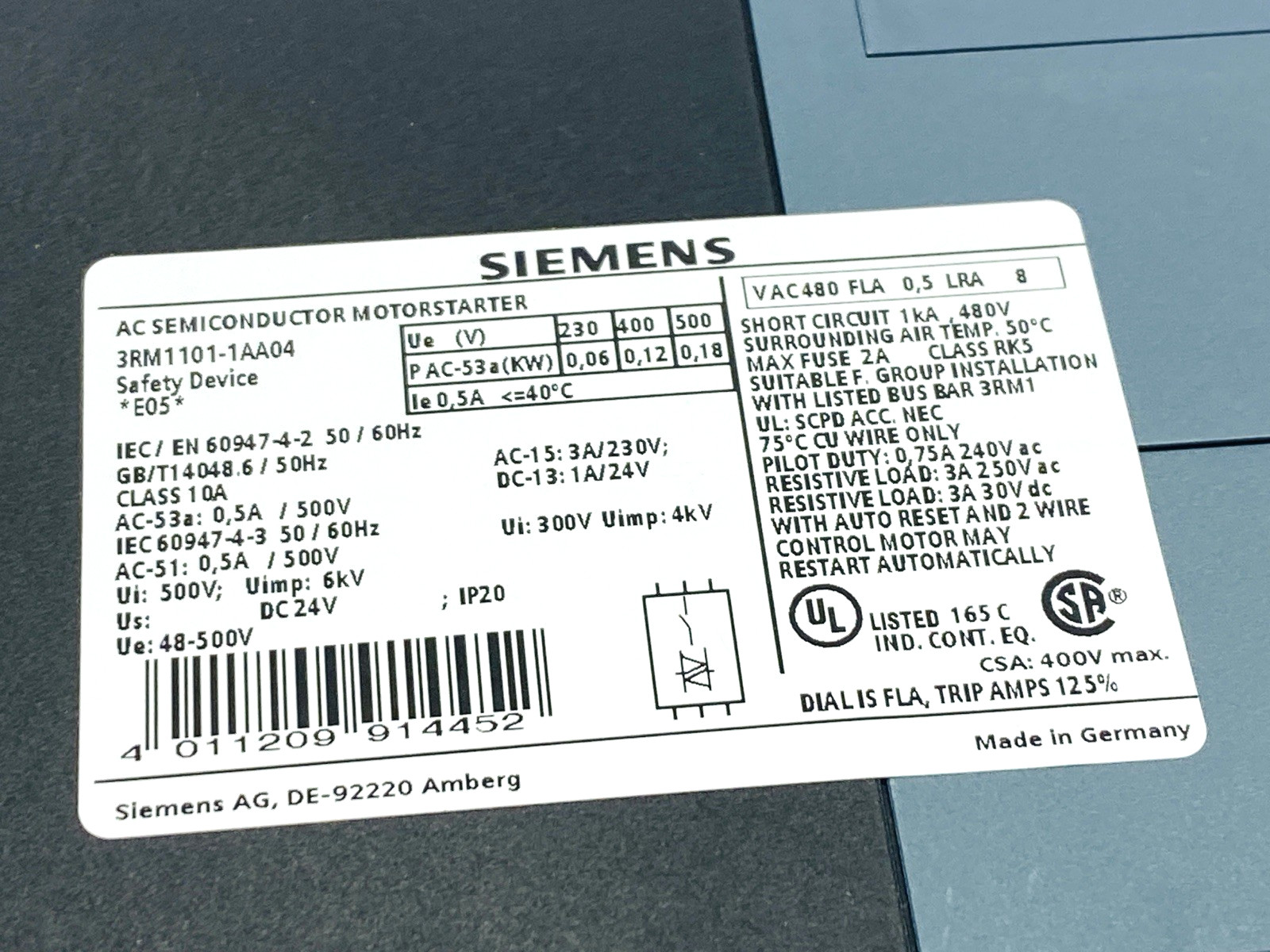 Siemens 3RM1101-1AA04 Fail Safe Direct Starter 0.1-0.5A 500V 24VDC 0-0.12kW
