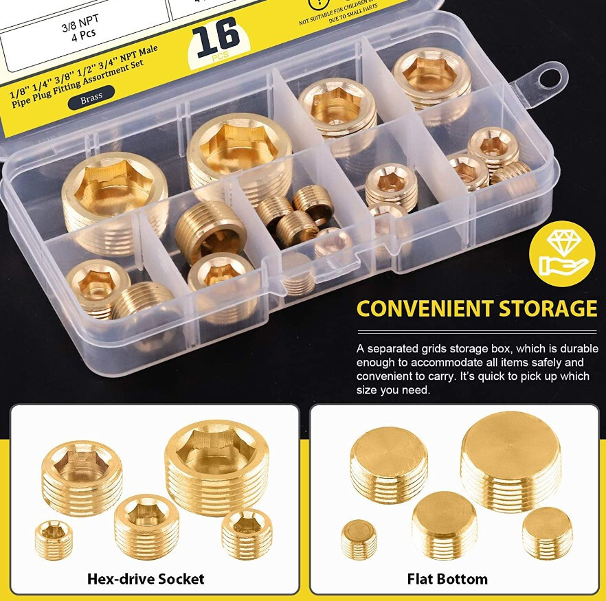16Pcs Brass NPT Plug Assortment Kit 5 Sizes1/8″ 1/4″ 3/8″ 1/2 «3/4» Internal hex