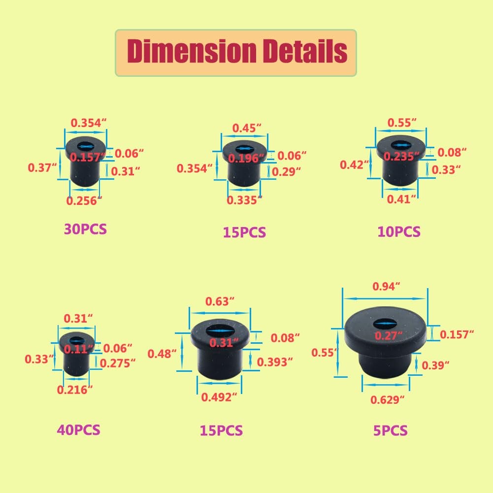 115PCS T-Type Silicone Rubber Grommets kit 6 Size for Wiring Automotive Rubber F