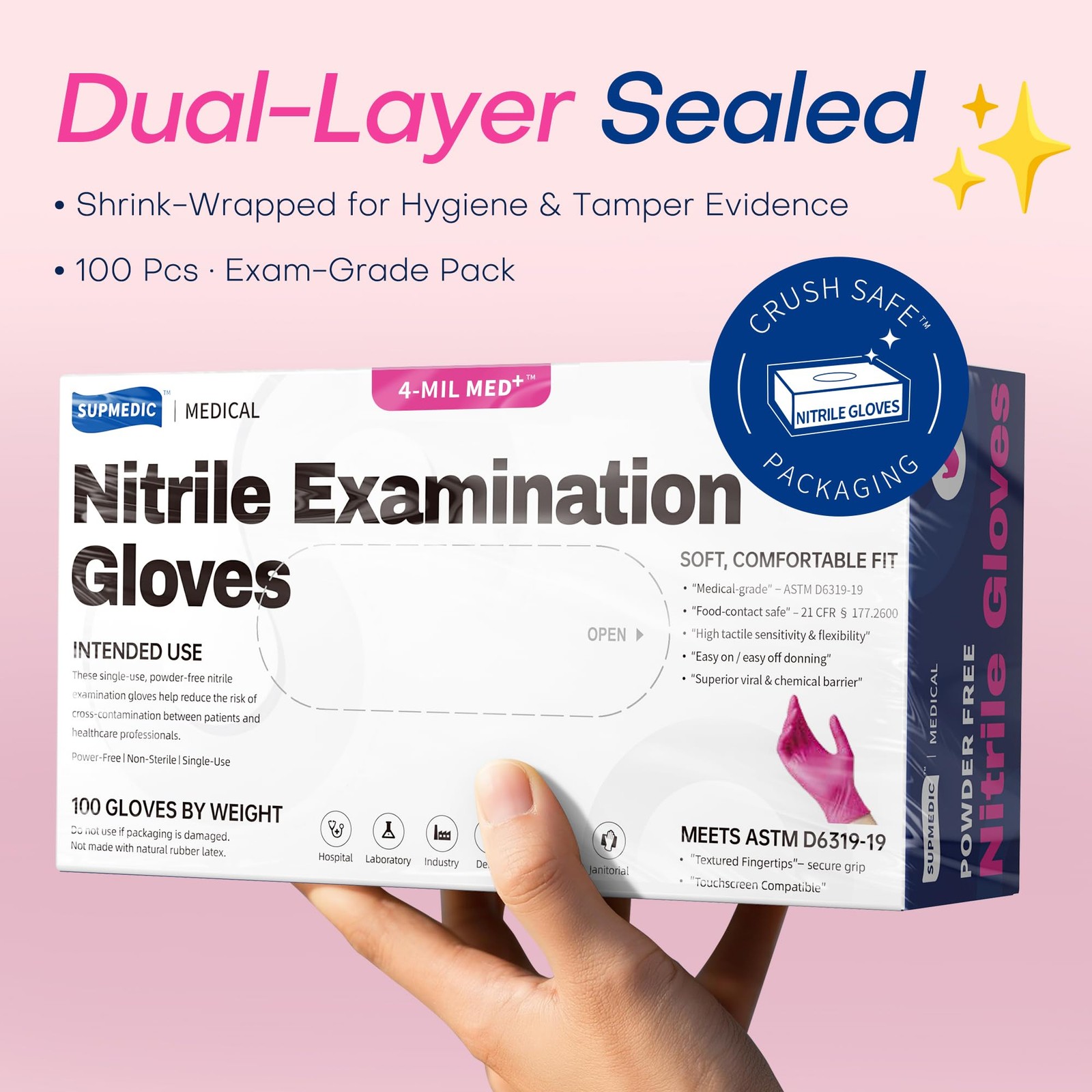 Supmedic Nitrile Exam Gloves, 4 Mil 100 Pcs Medium, Medium (Rose Orchid)