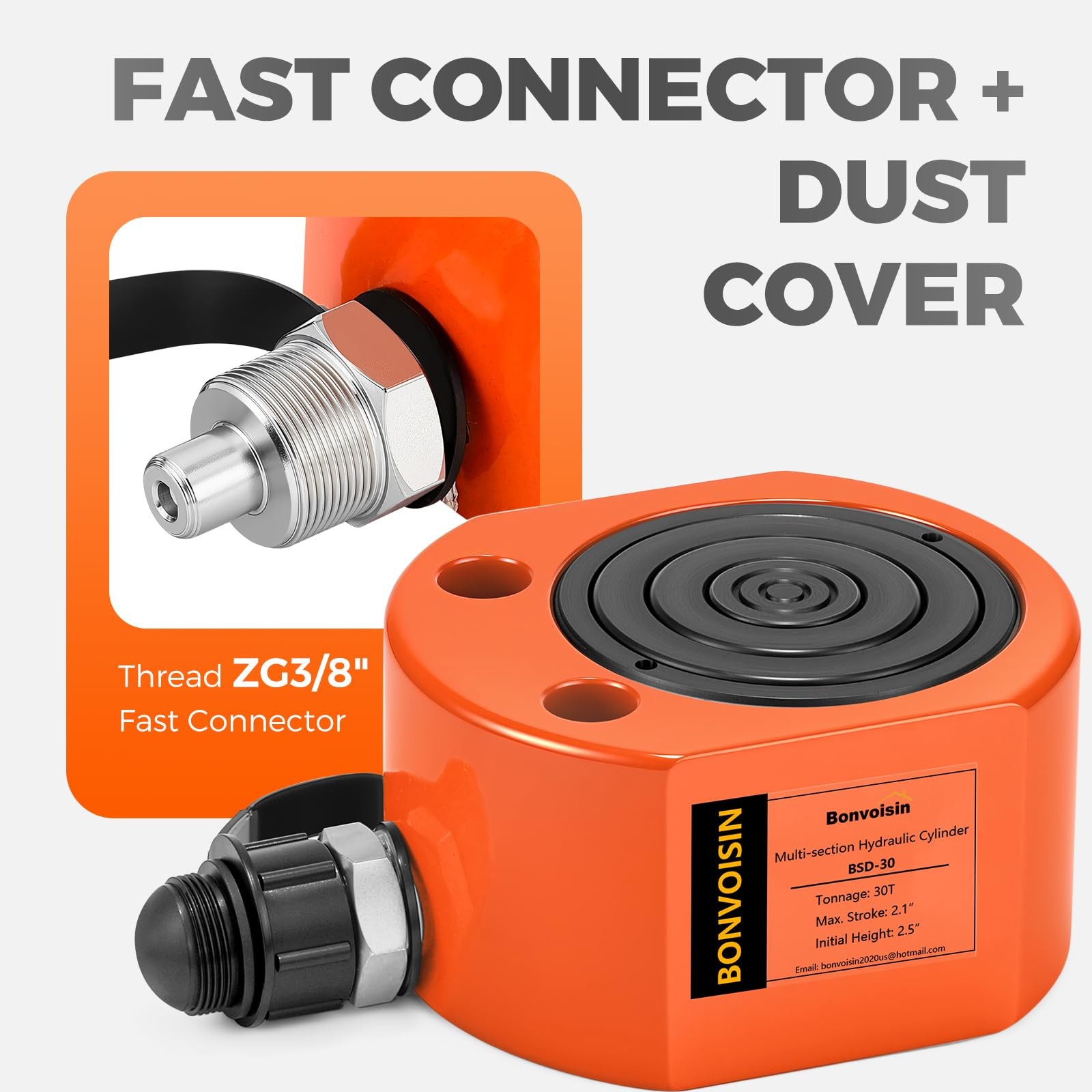 Bonvoisin Hydraulic Ram Jack 30T Low Profile Porta Power Cylinder 30T, Orange