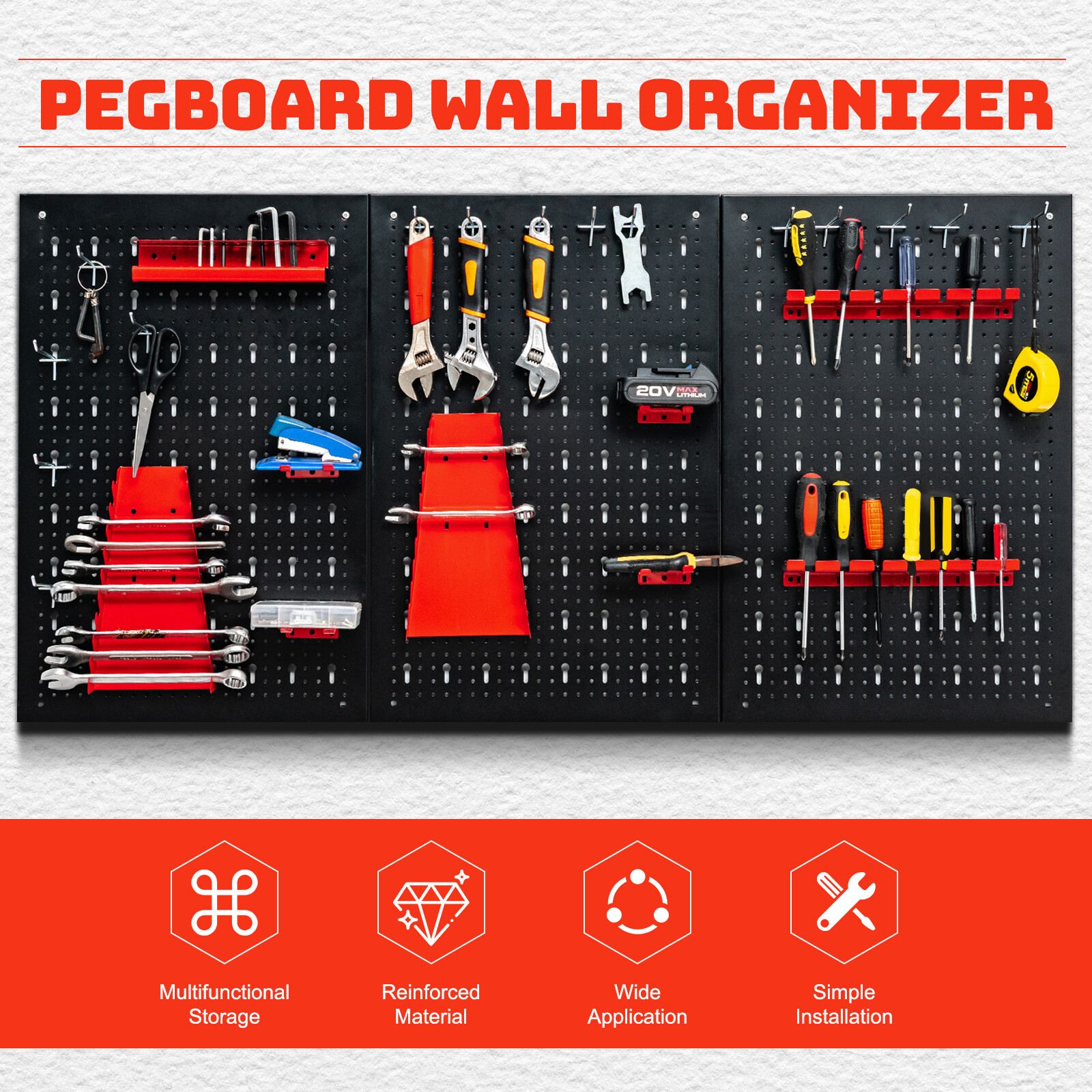 Pegboard Wall Organizer Kit 4 ft.Metal Toolboard W/ 25 Accessories & 3 Pegboards
