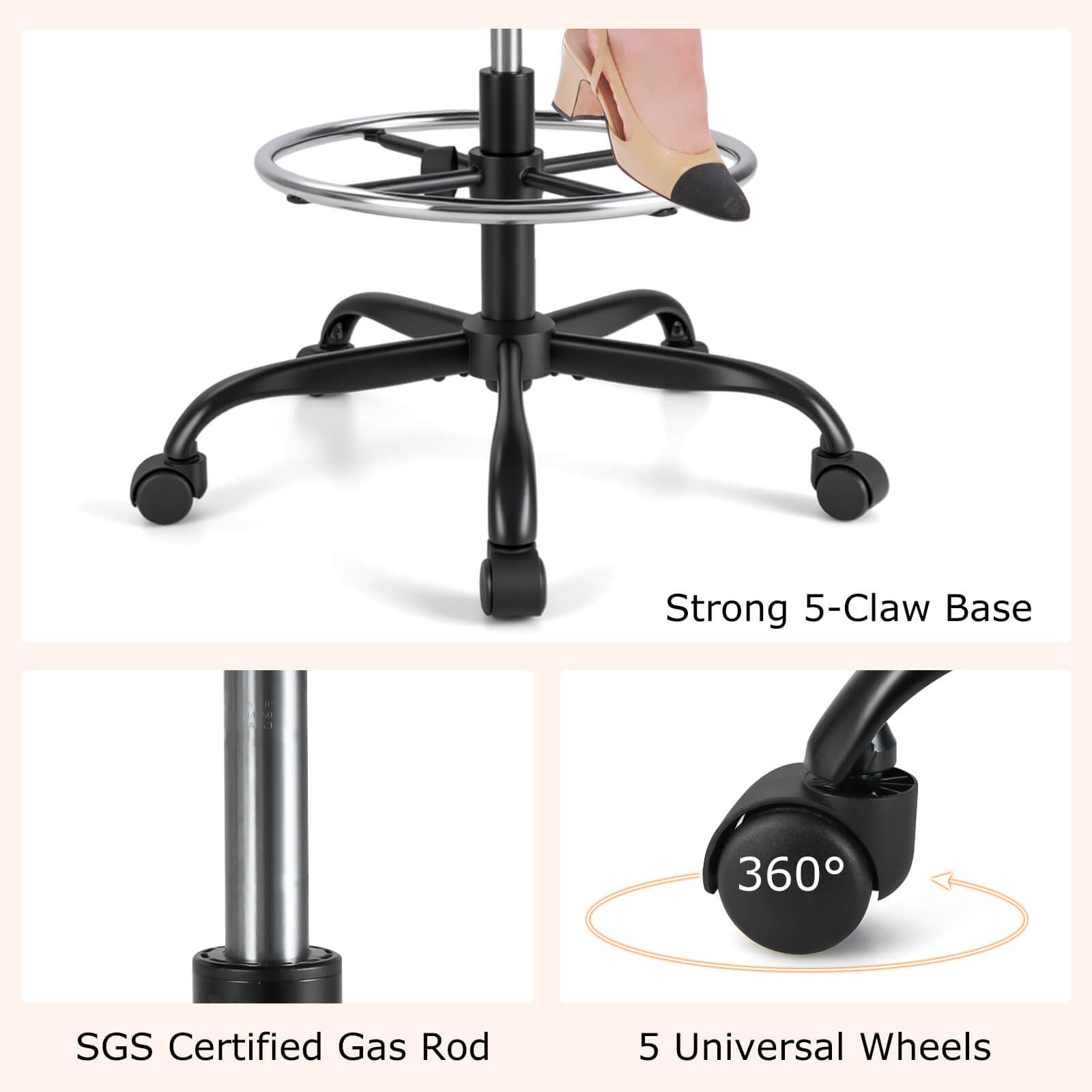 Costway Mesh Drafting Chair Office Chair w/Adjustable Armrests & Foot-Ring Black