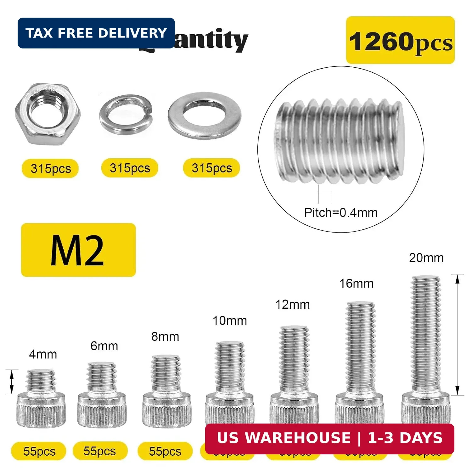 1260pcs M2 Screw Assortment kit, M2*4mm/6mm/8mm/10mm/12mm/16mm/20mm 304 Stainles