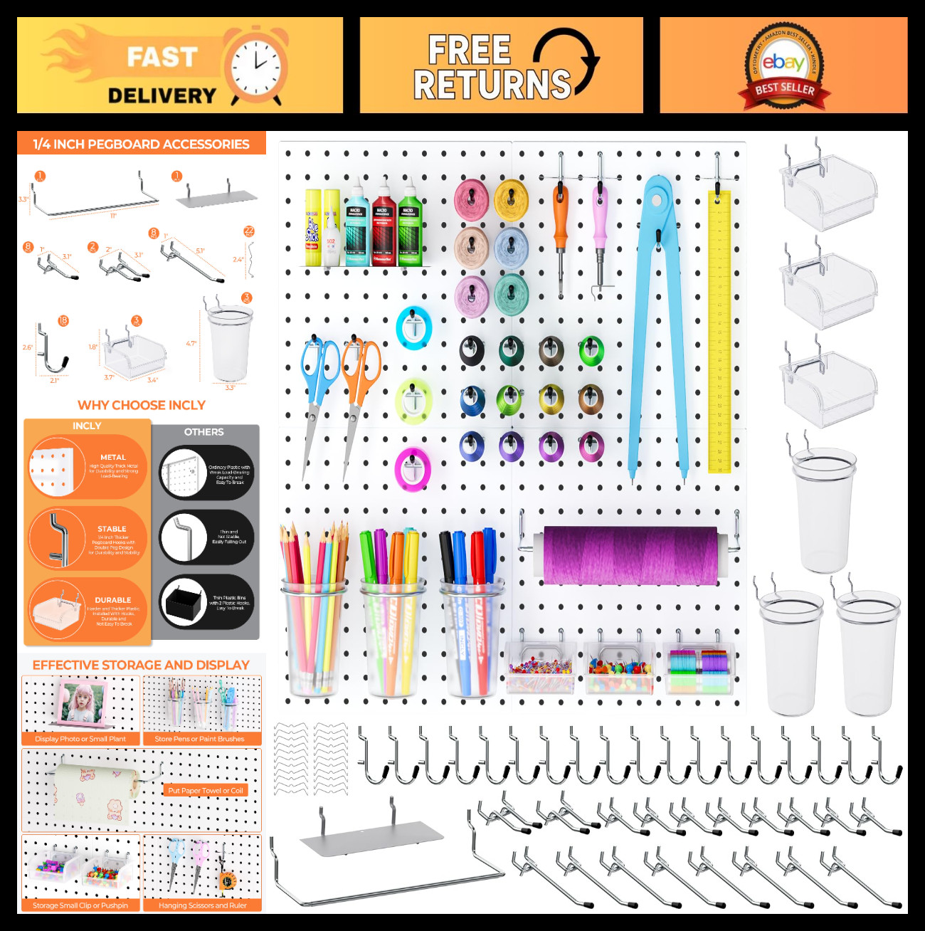 70PCS Metal Pegboard Kit – 4 White Panels, Hooks, Bins, Cups & Organizer for Cra