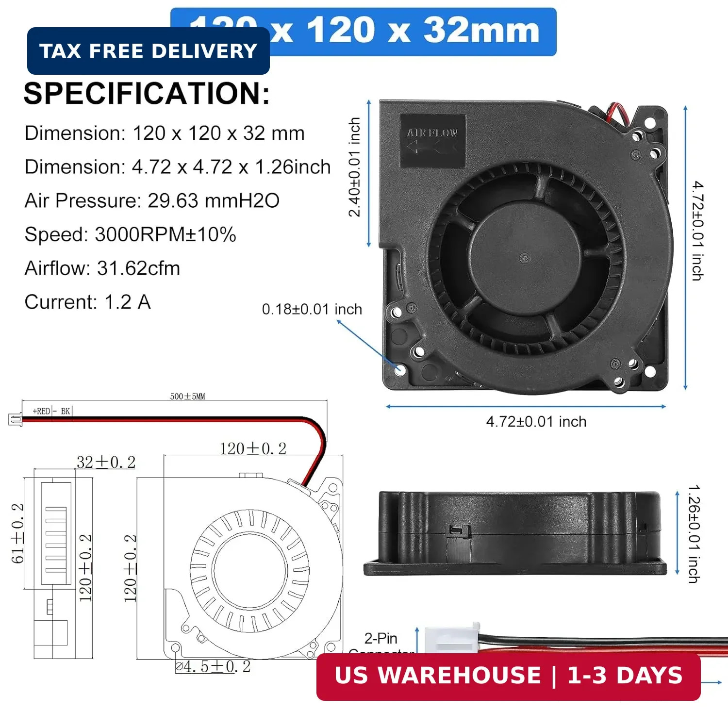 12V DC Blower Fan Brushless Exhaust High Airflow 3000RPM 120X32Mm (4.72″) – 2-Pi