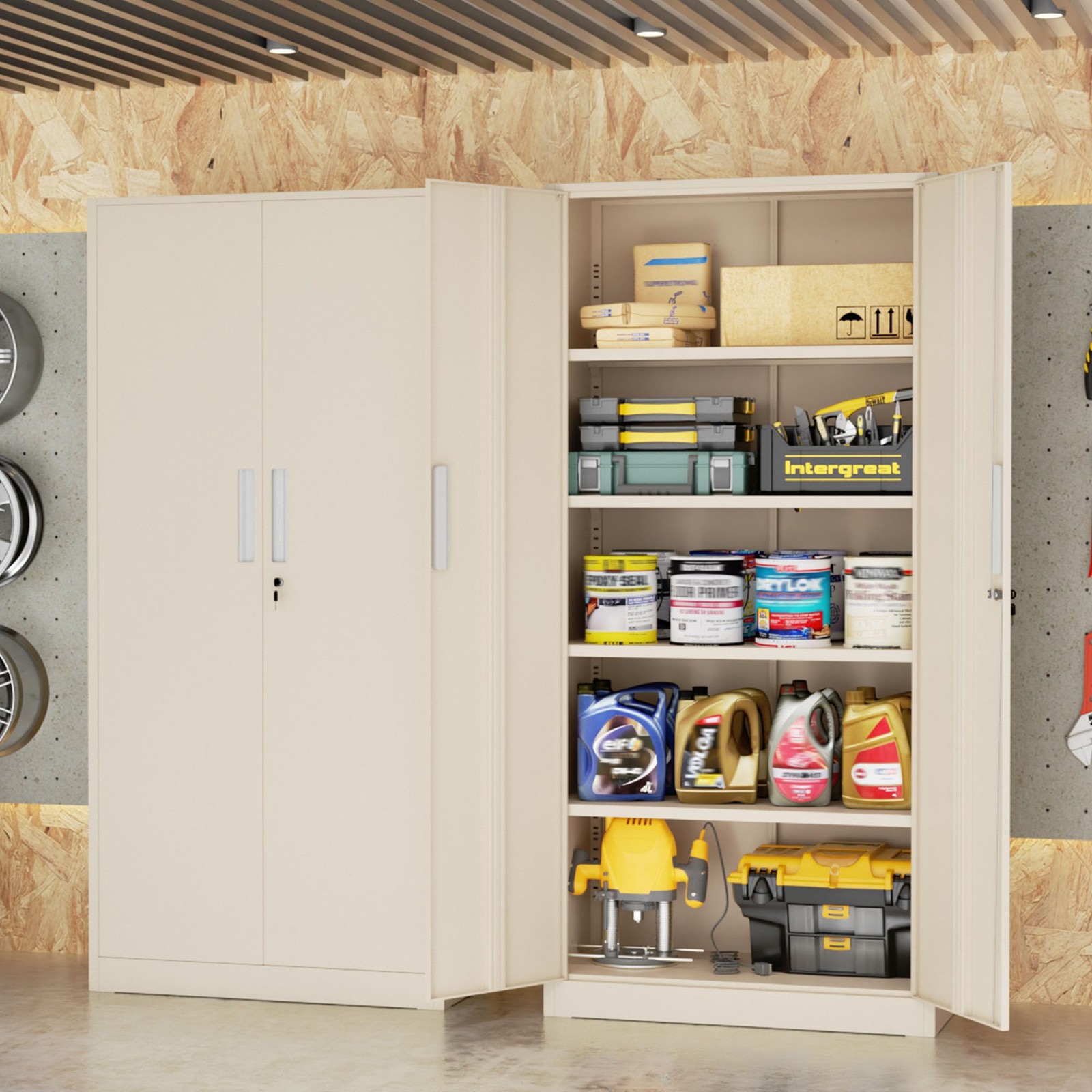 Tall 72″ Locking Steel Cabinet Door Shelves Utility Office Garage Home Gray
