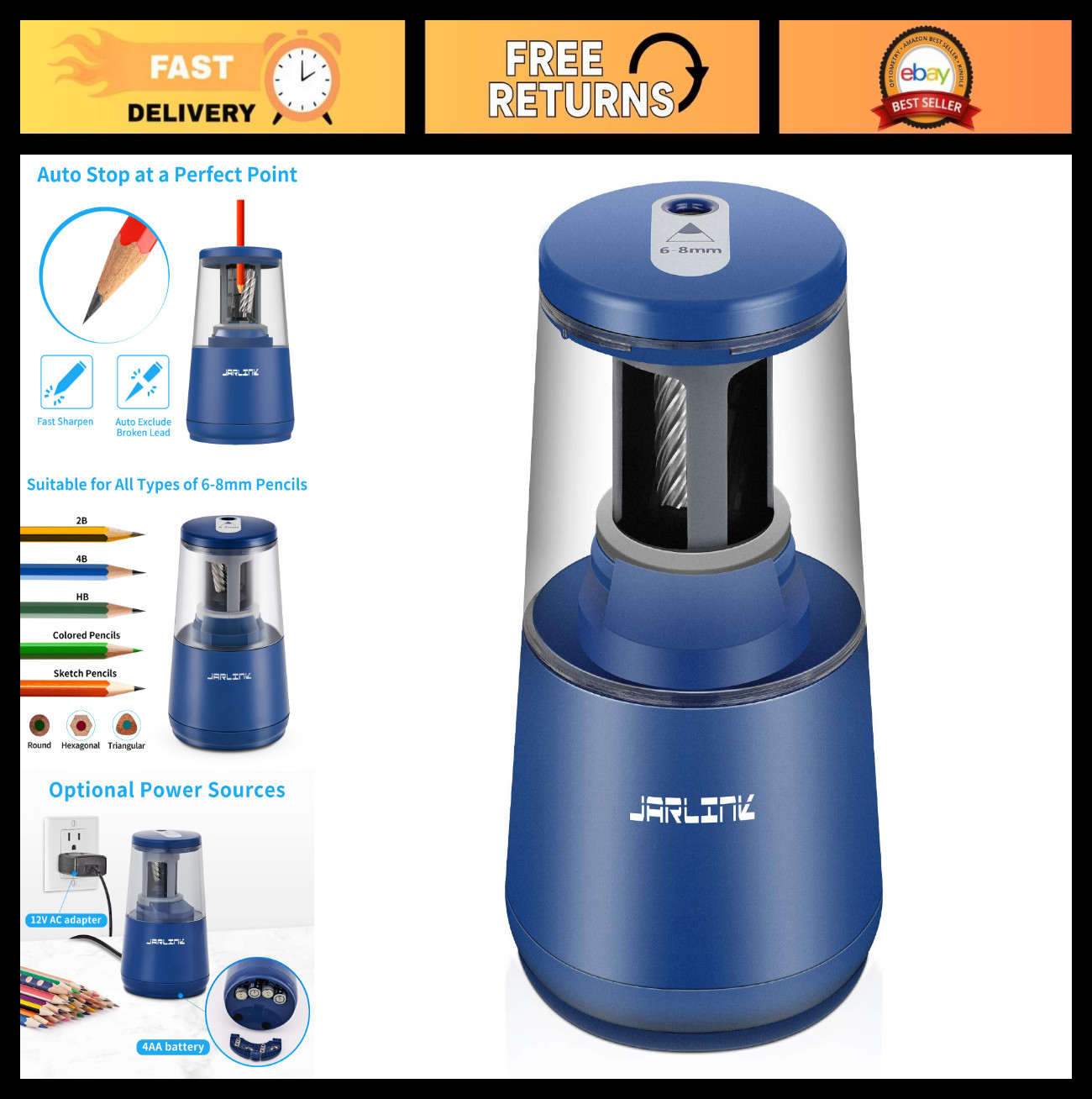 Heavy-Duty Electric Pencil Sharpener with Helical Blade, Auto Stop, Battery/AC,
