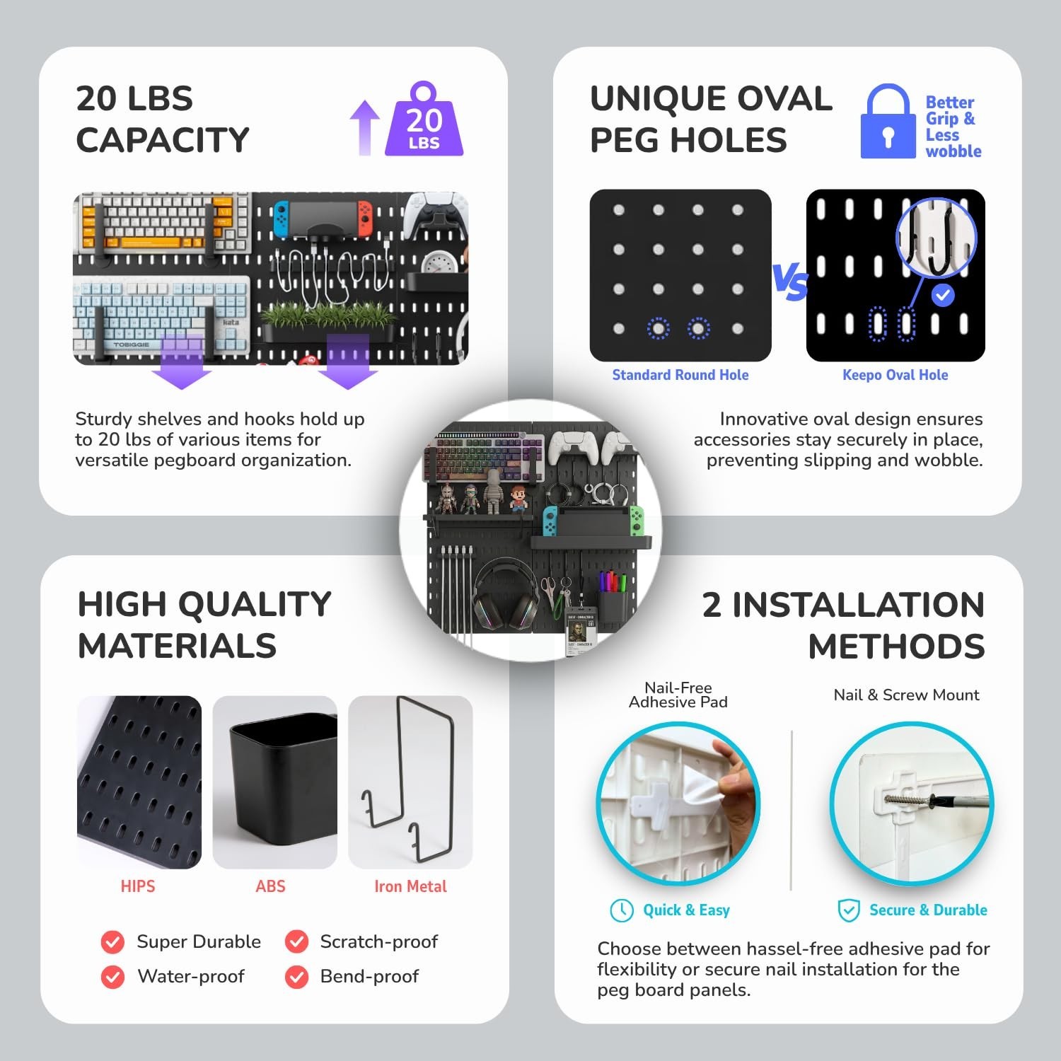 Keepo Peg Board Wall Organizer for Gaming Setup, Pegboard with Adhesives & Sc…