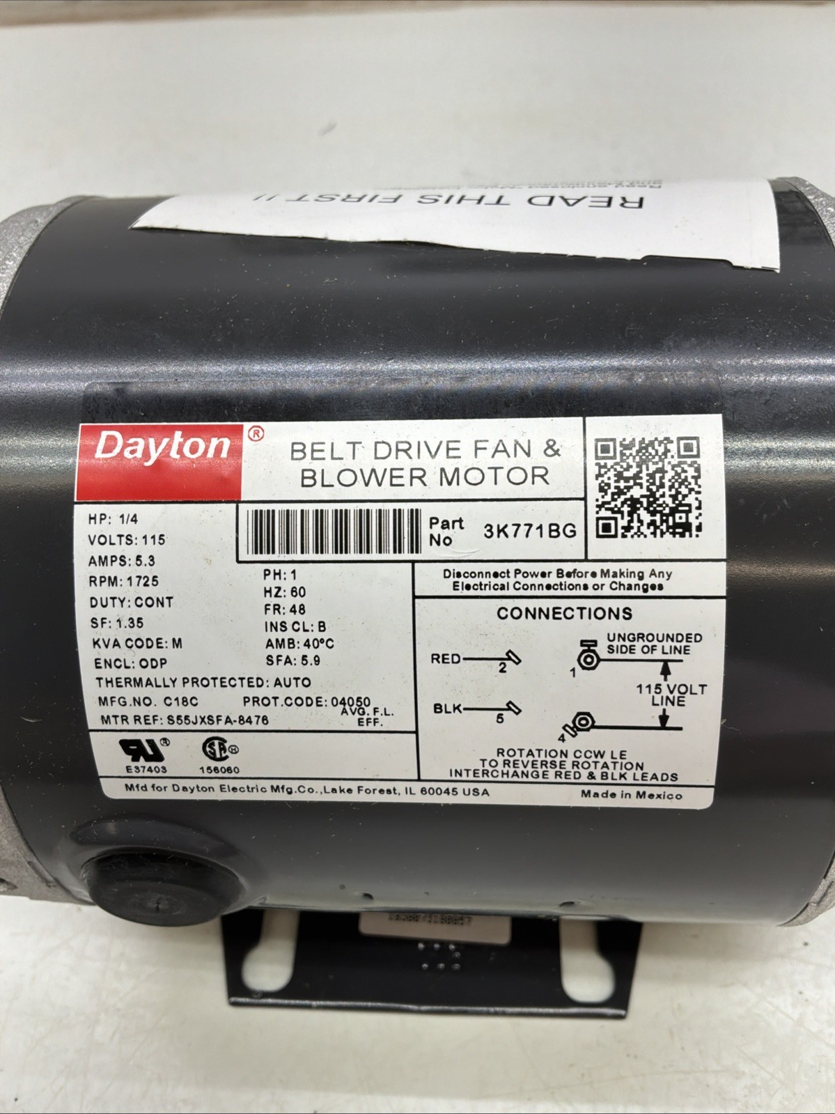 Dayton Belt Drive Fan & Blowing Motor 115V HZ 60 Type: Split Phase 3K771BG NIB