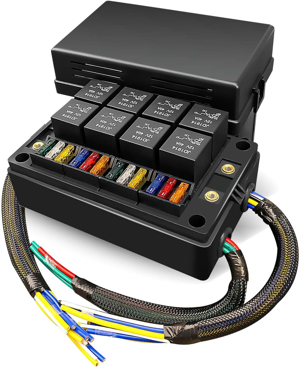 Pre-Wired Fuse Relay Box Waterproof, 8 5-Pin JD1914 Relay Slots and 12 ATC ATO F
