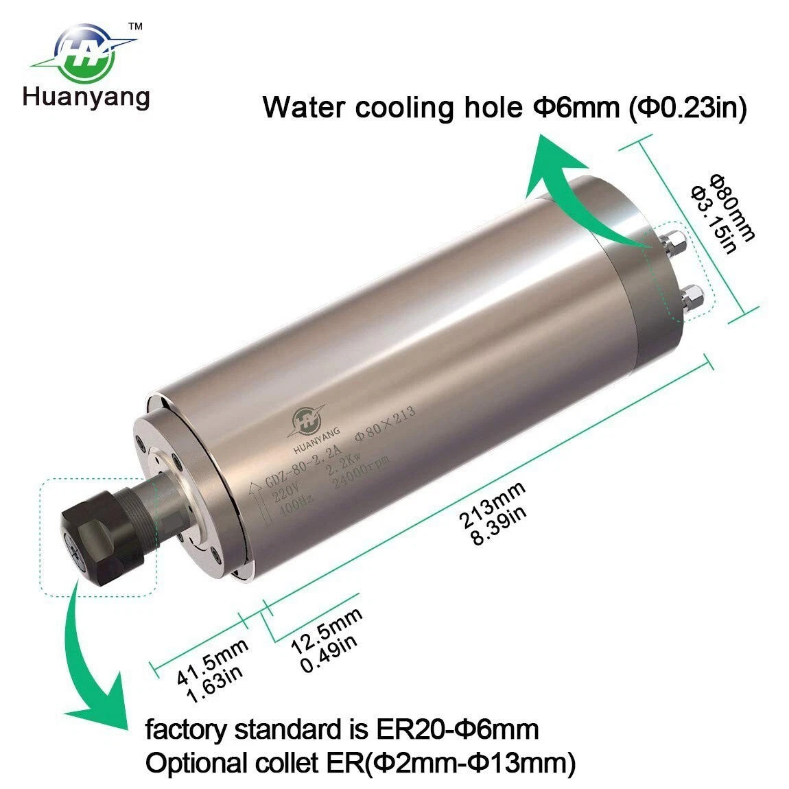 Spindle Motor 220V 2.2 KW 24000RPM Φ80mm 4 Bearings Water Cooling ER20