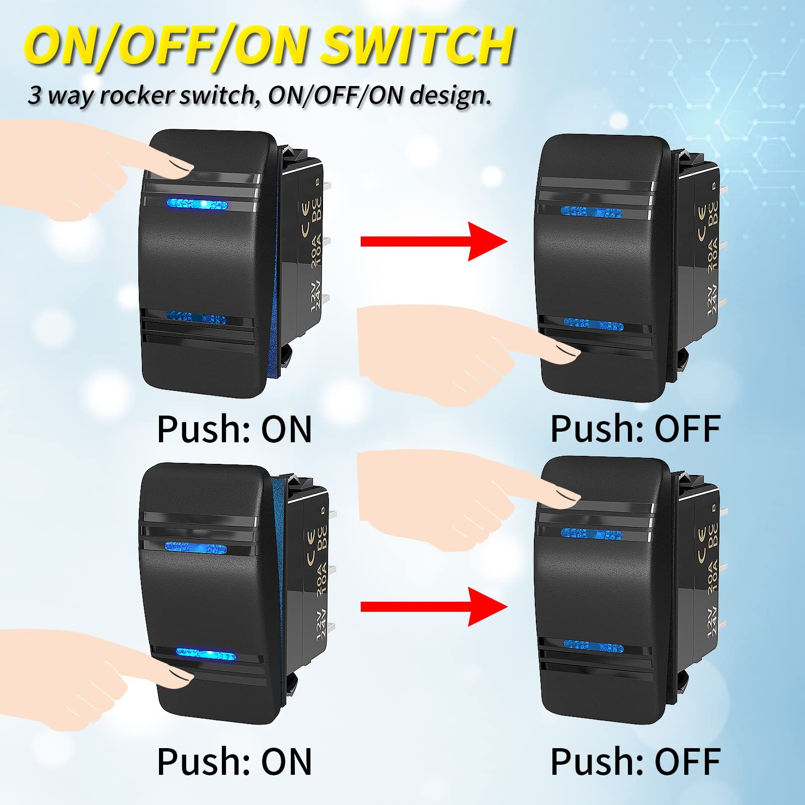 Marine Rocker Switch 12V 20A 3 Position ON Off ON DPDT 7 Pin 3 Way Rocker Switch