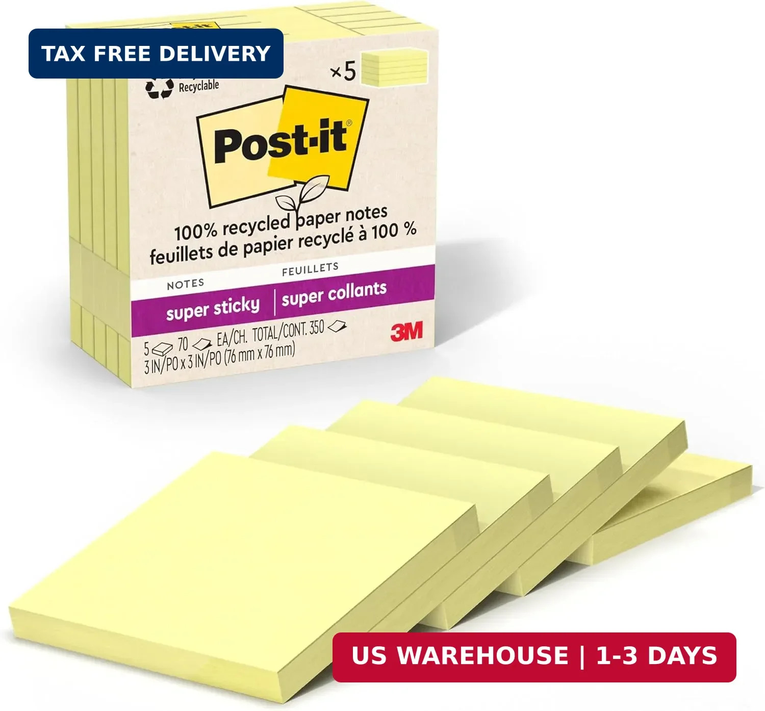 Post it Super Sticky Notes 3×3 Canary Yellow 5 Pads 70 Sheets 2X Sticking Power
