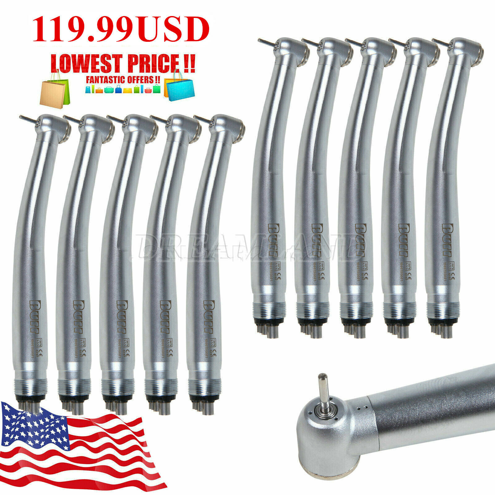 10 Pcs BURR NSK PANA MAX Style Dental High Speed Turbine Handpiece 4Hole U3BM