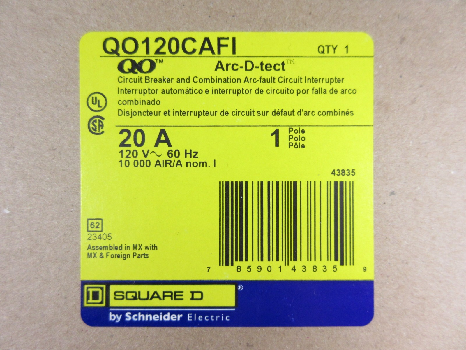 Schneider, Square D, Circuit Breaker, QO120CAFI, 20 Amps, 120 Volts, New in Box