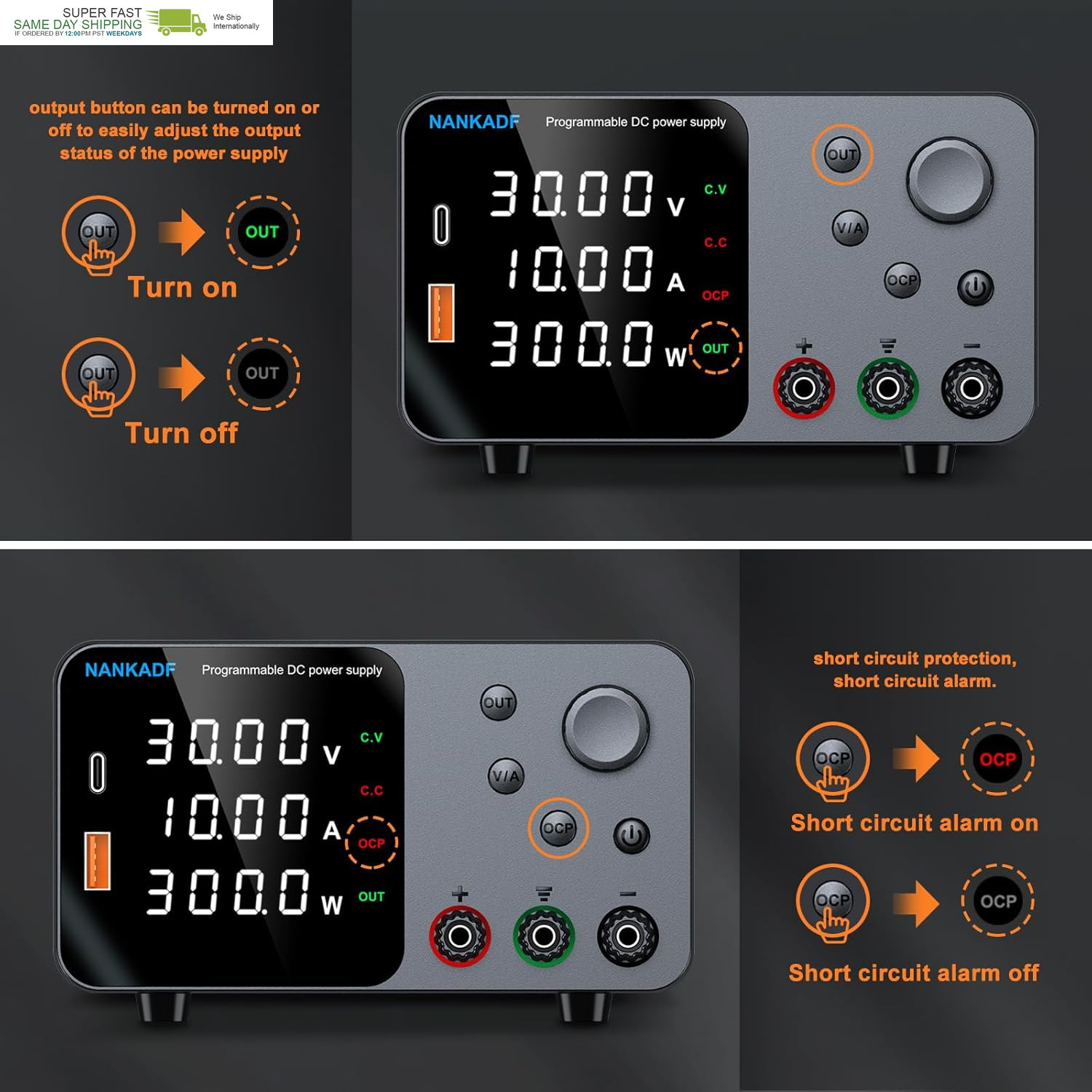 DC Power Supply, 30V 10A Bench Power Supply with Encoder Adjustment, 5V/3.6A Usb