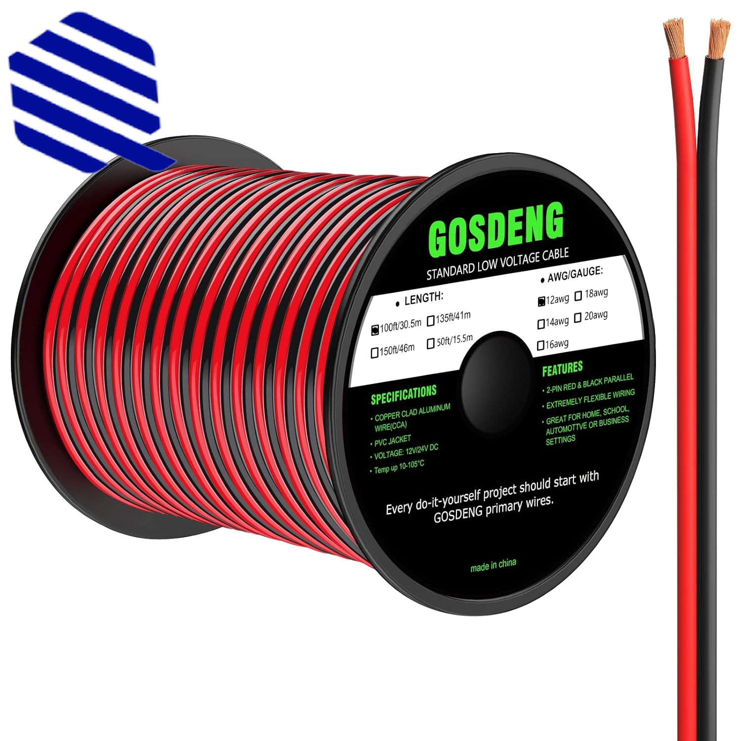 12 Gauge Wire 100FT 2 Conductors Electrical Wire Red and Black Cable Low Voltage