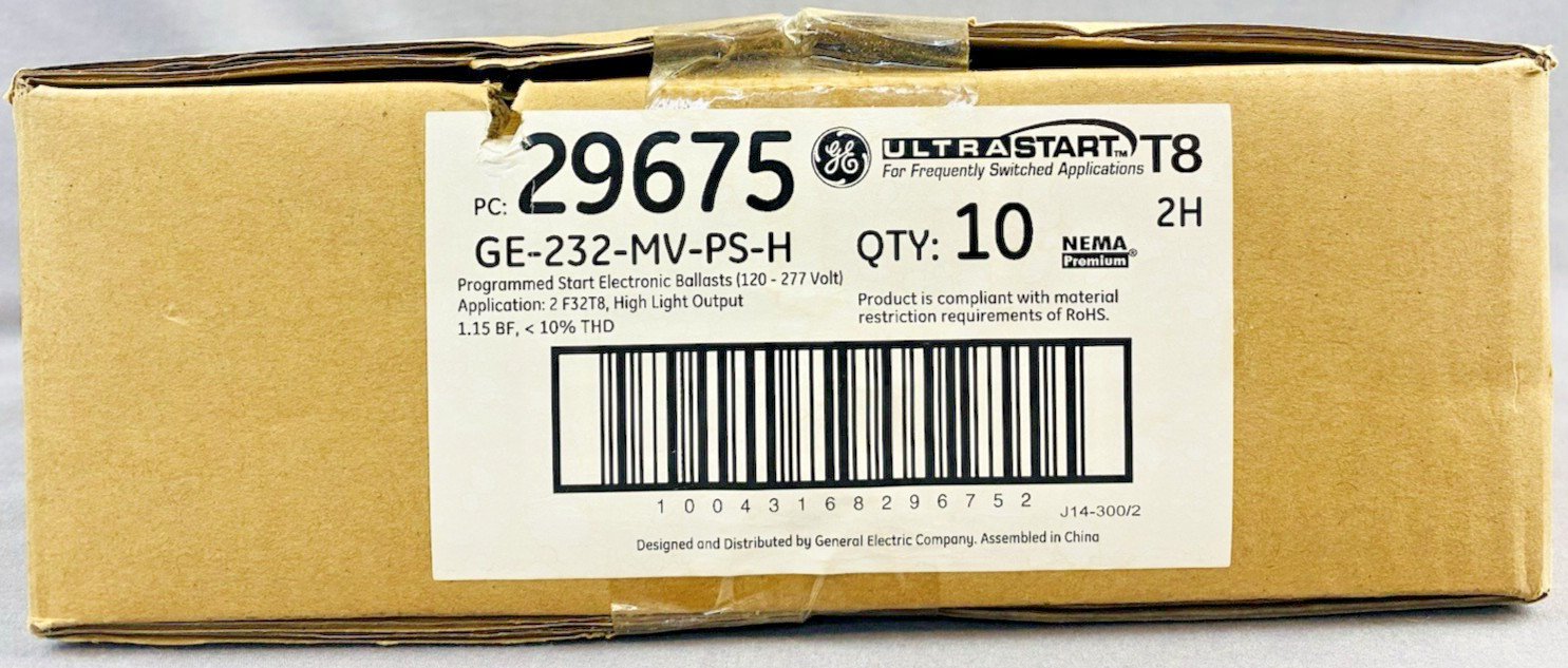 NEW BOX OF 10 GE 29675 GE-232-MV-PS-H Electronic Ballasts; 2 Lamp, T8, 120-277V