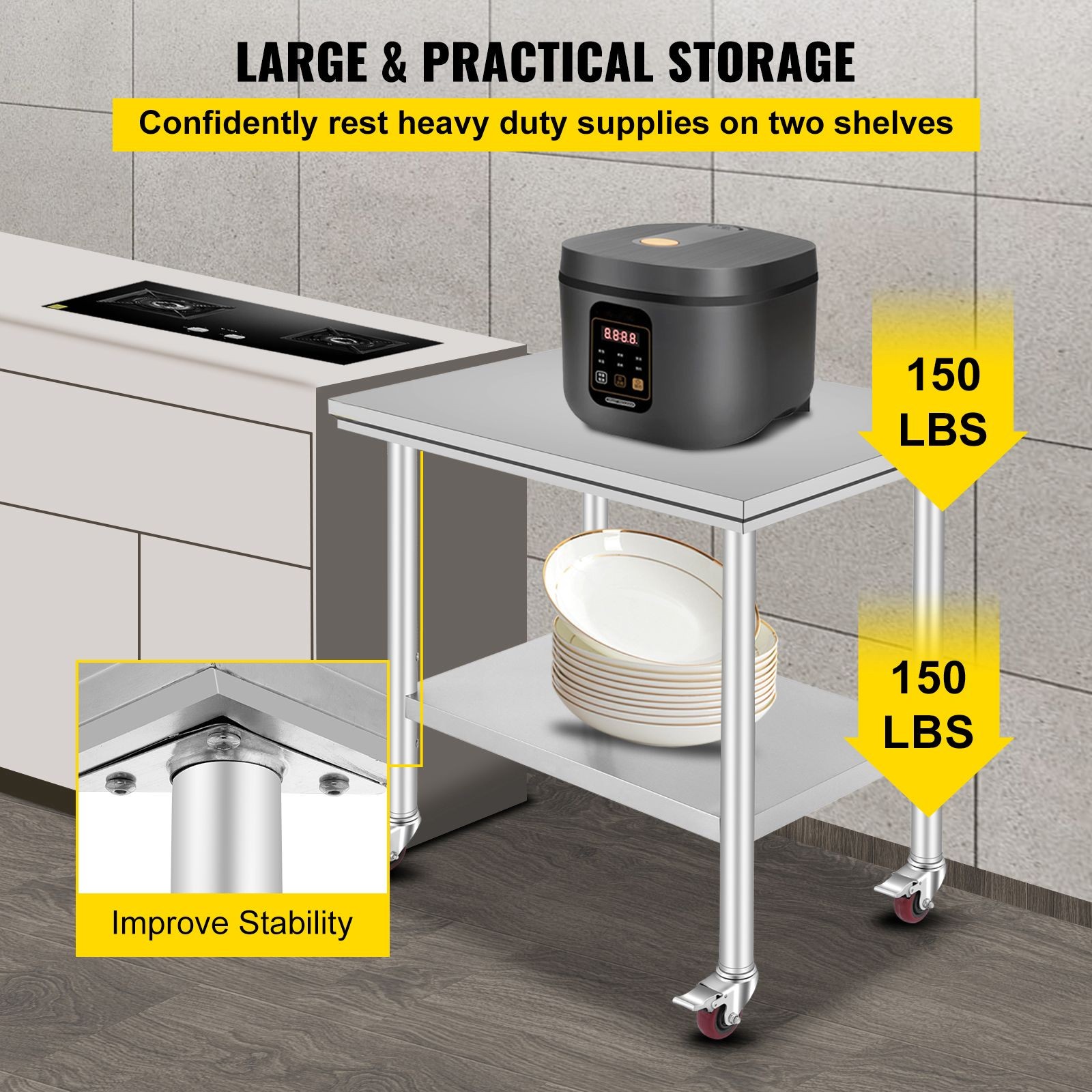 SUS201 Stainless Work Table 35″x24″, 700lb Load, Adjustable Shelves, Casters