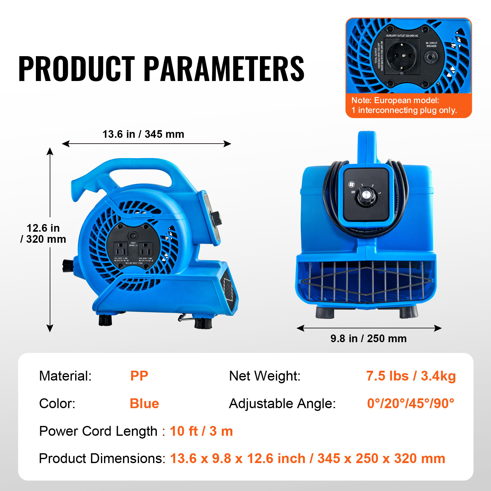 VEVOR Floor Blower 1360 RPM 600 CFM Air Mover with 4 Blowing Angles 3-Speeds
