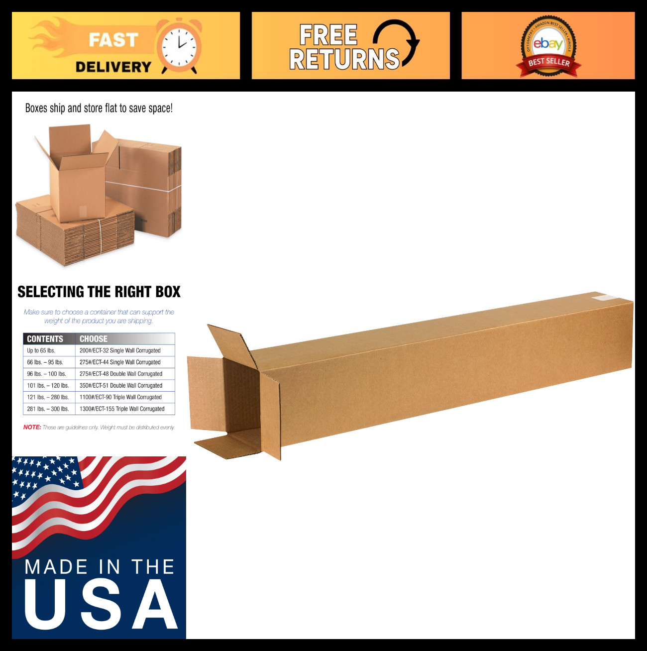 Large Shipping Boxes 6″x6″x48″ – 25-Pack Cardboard for Moving, Mailing, Packing