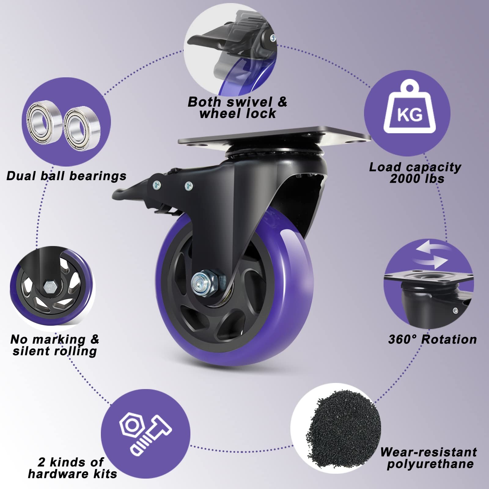 4-Pack 4-Inch Heavy Duty Casters with Brake 2000lbs Swivel Plate Wheels