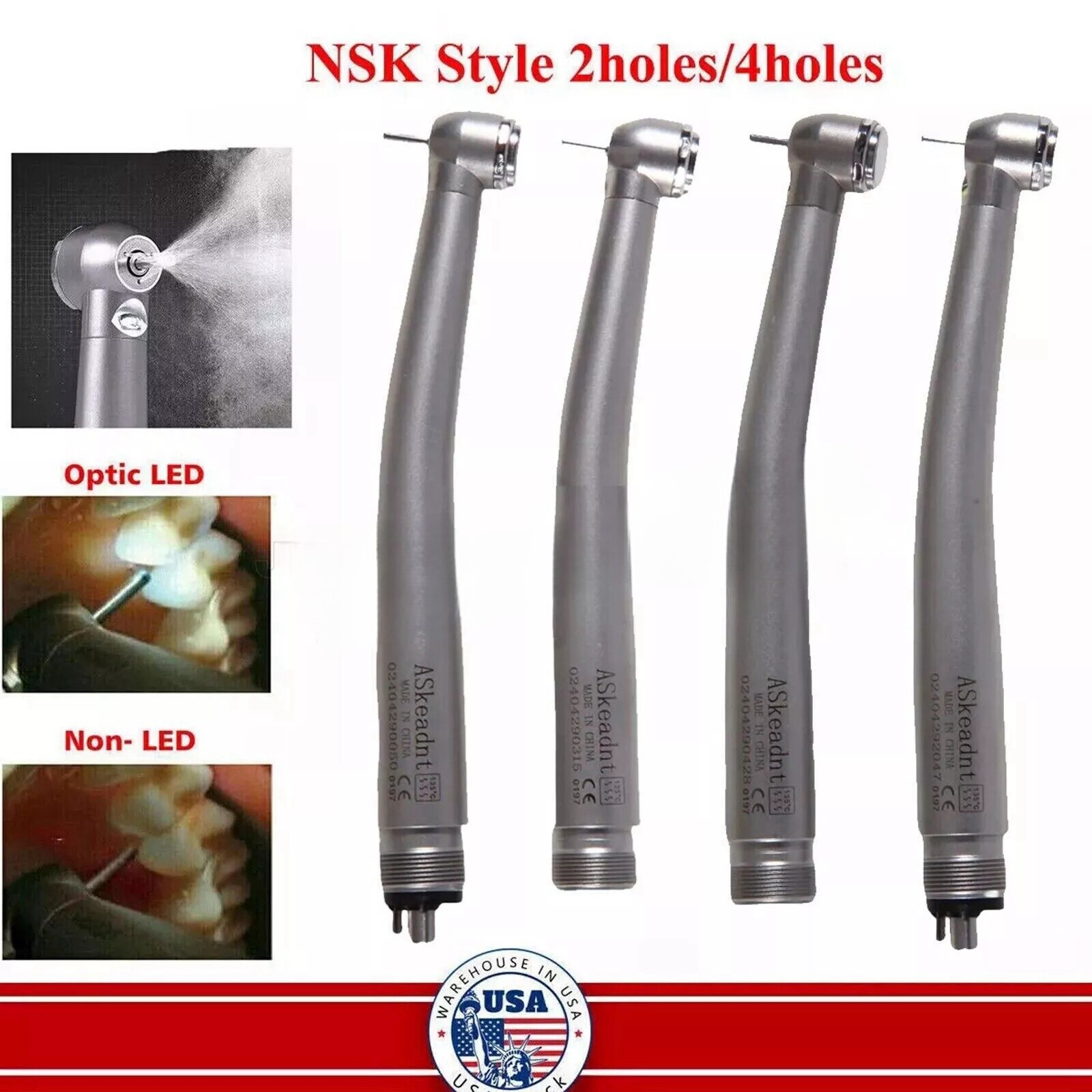 Dental LED/Non LED High Speed Handpiece 3 Water Spray Steel Bearing 2/4 Holes