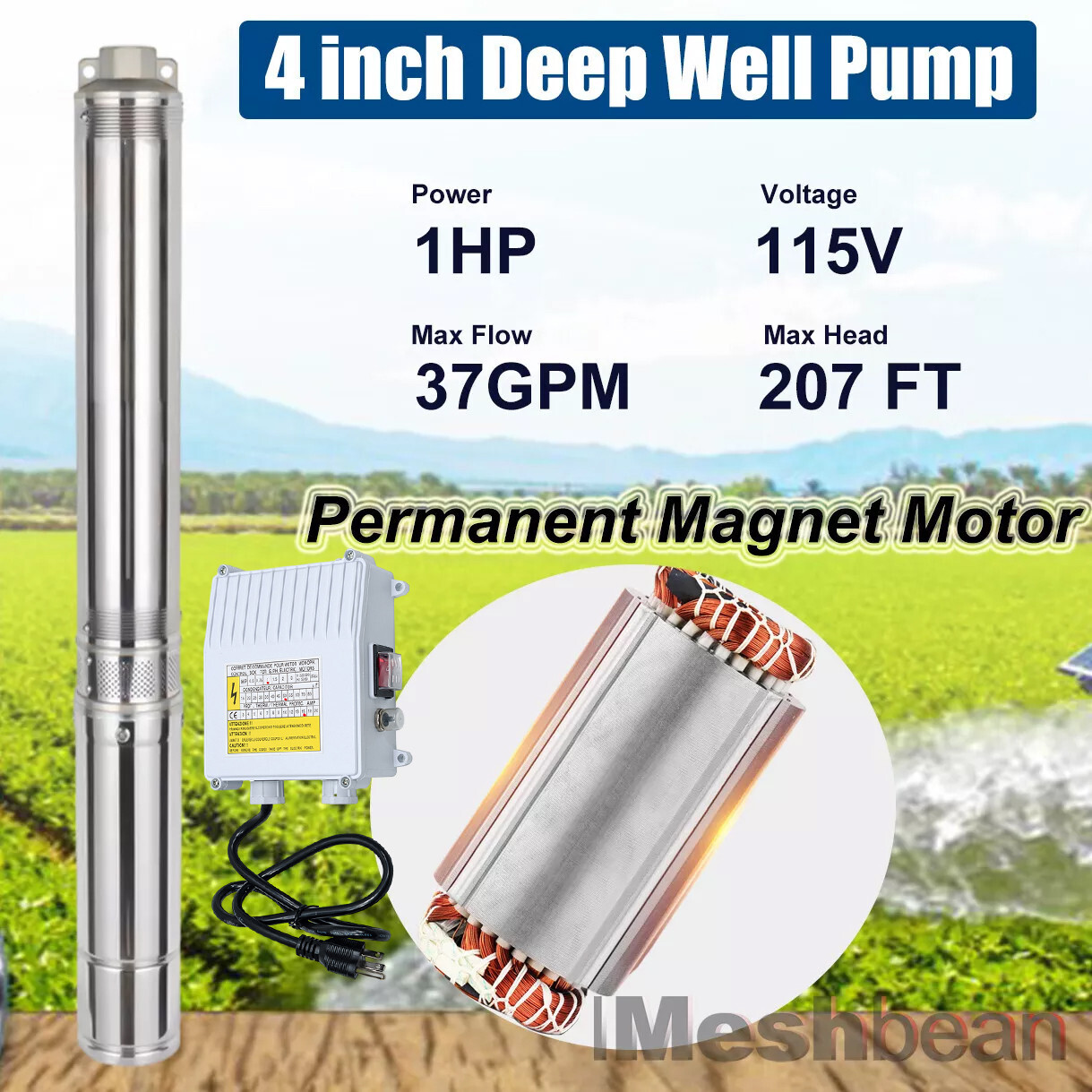 4»Deep Well Submersible Pump, 1HP 207′ 37GPM 110V Stainless Steel w/Control Box
