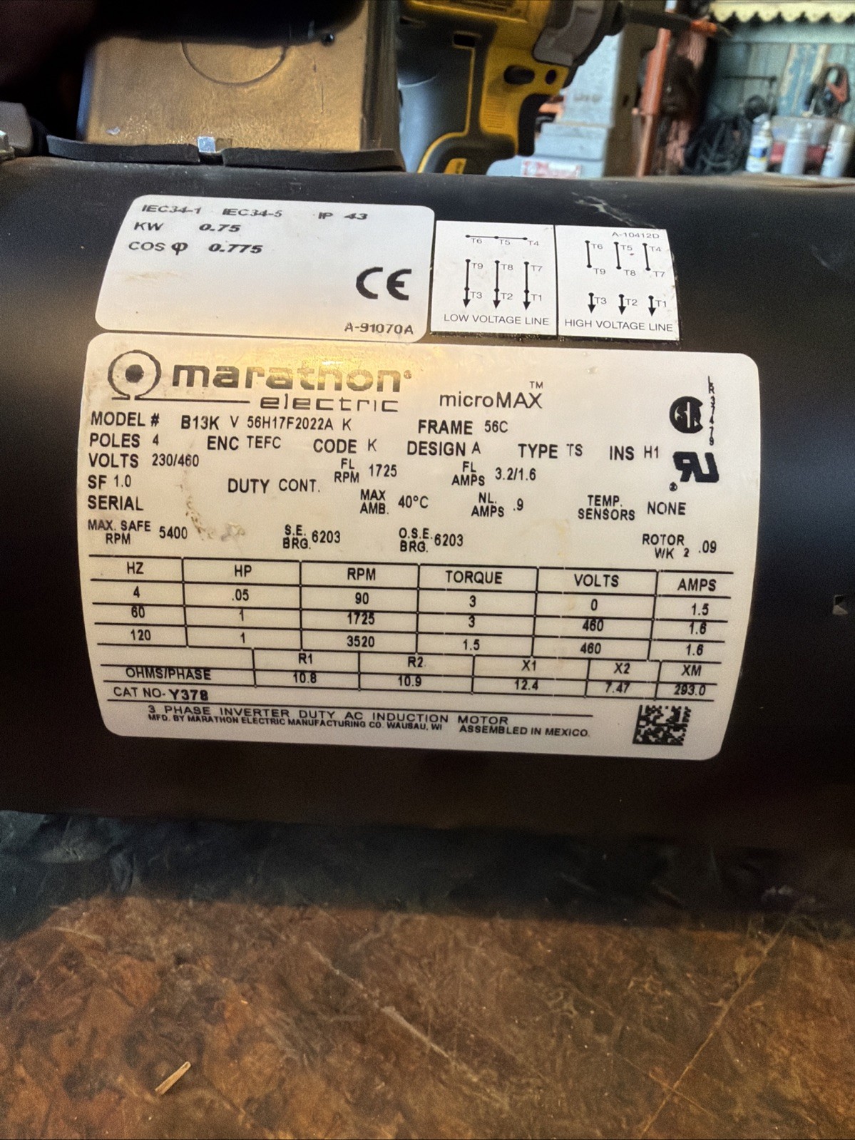 New Open Box Marathon Y378 Electric Motor 1 HP 1725 Rpm 230/460 V 56C microMAX