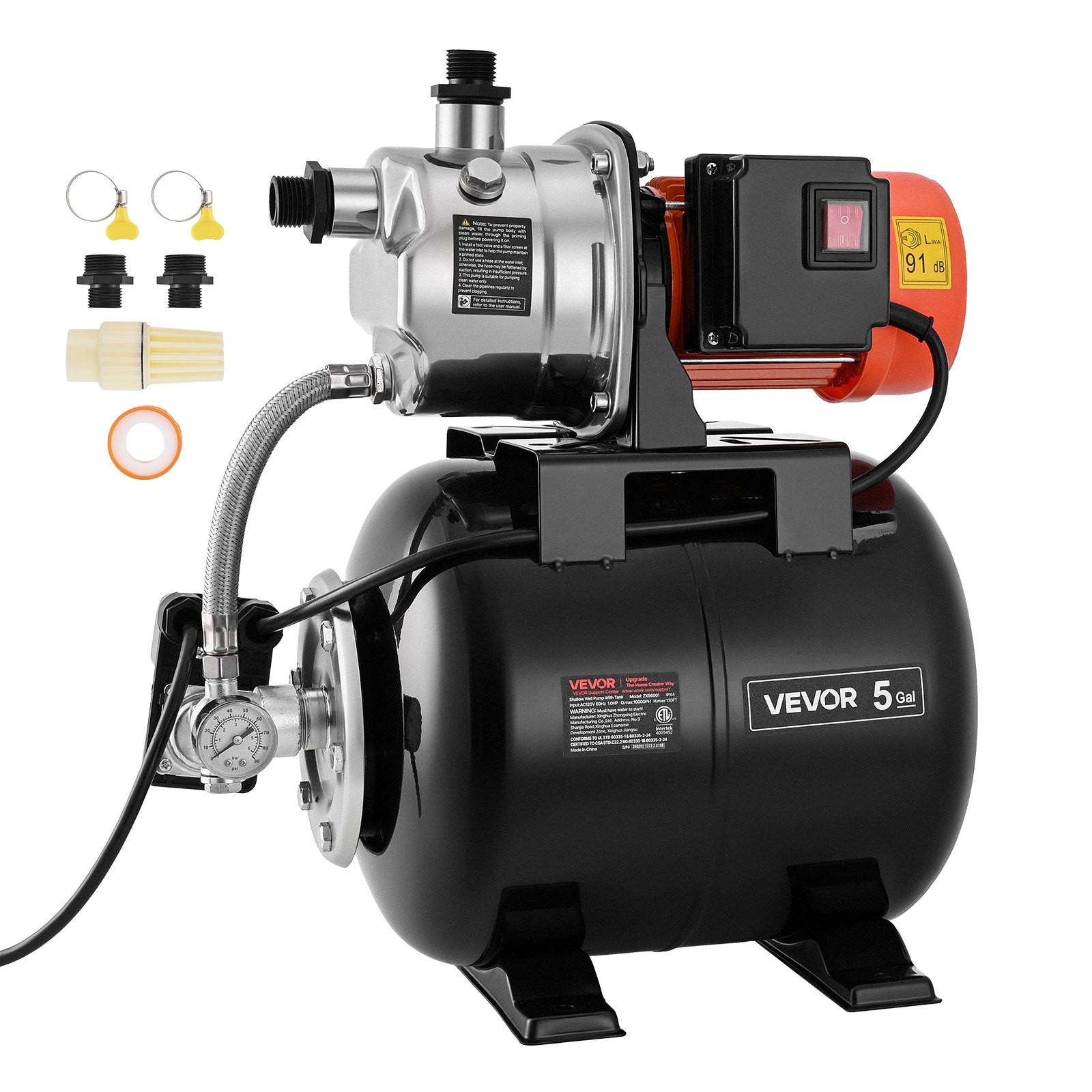 1 HP Shallow Well Pump with Pressure Tank, 120V 1000 GPH, for Home Garden Lawn