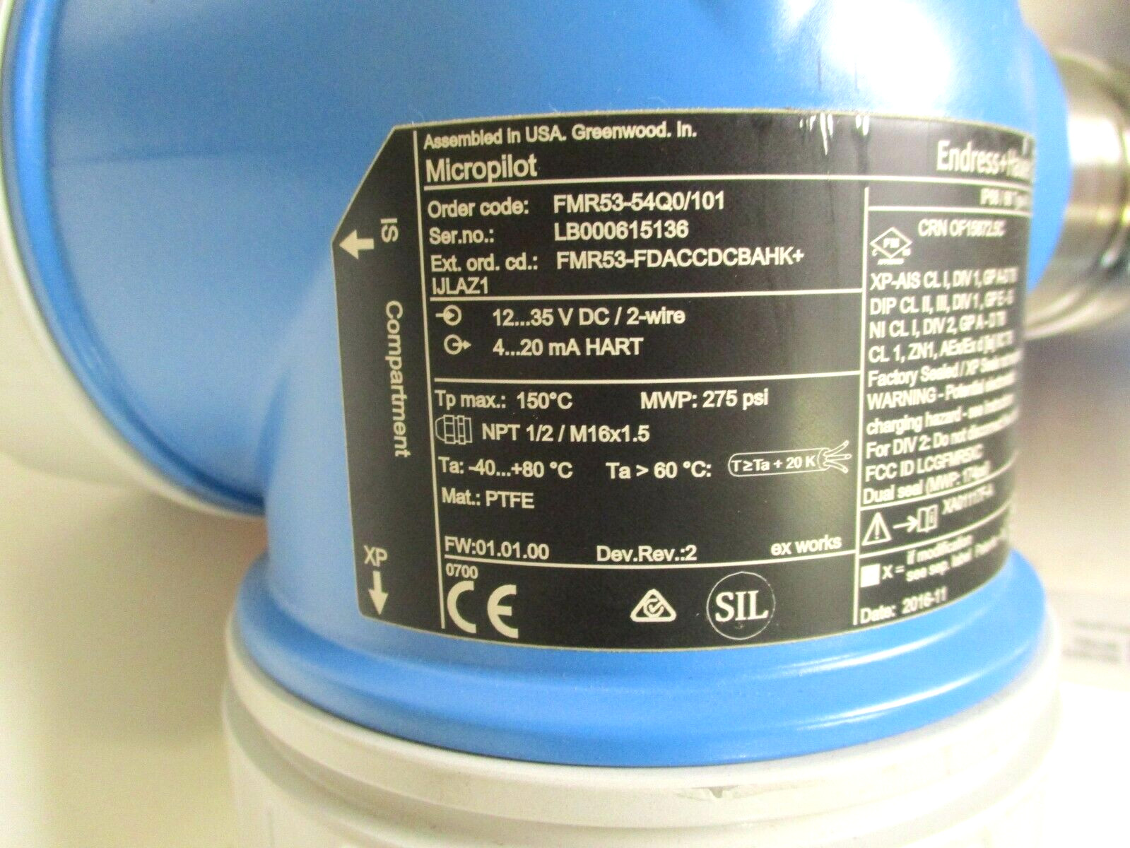 ENDRESS HAUSER, 4″ 150 SST, MICRO-PILOT, IP68/66-TYPE4X/6P-ENCL, FMR53-54QO/101