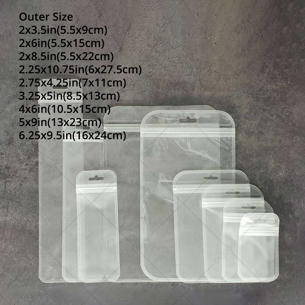 Multi-Size Clear/Clear/Frosted White Glossy Flat Mylar Zip Lock Bag w/ Hang Hole