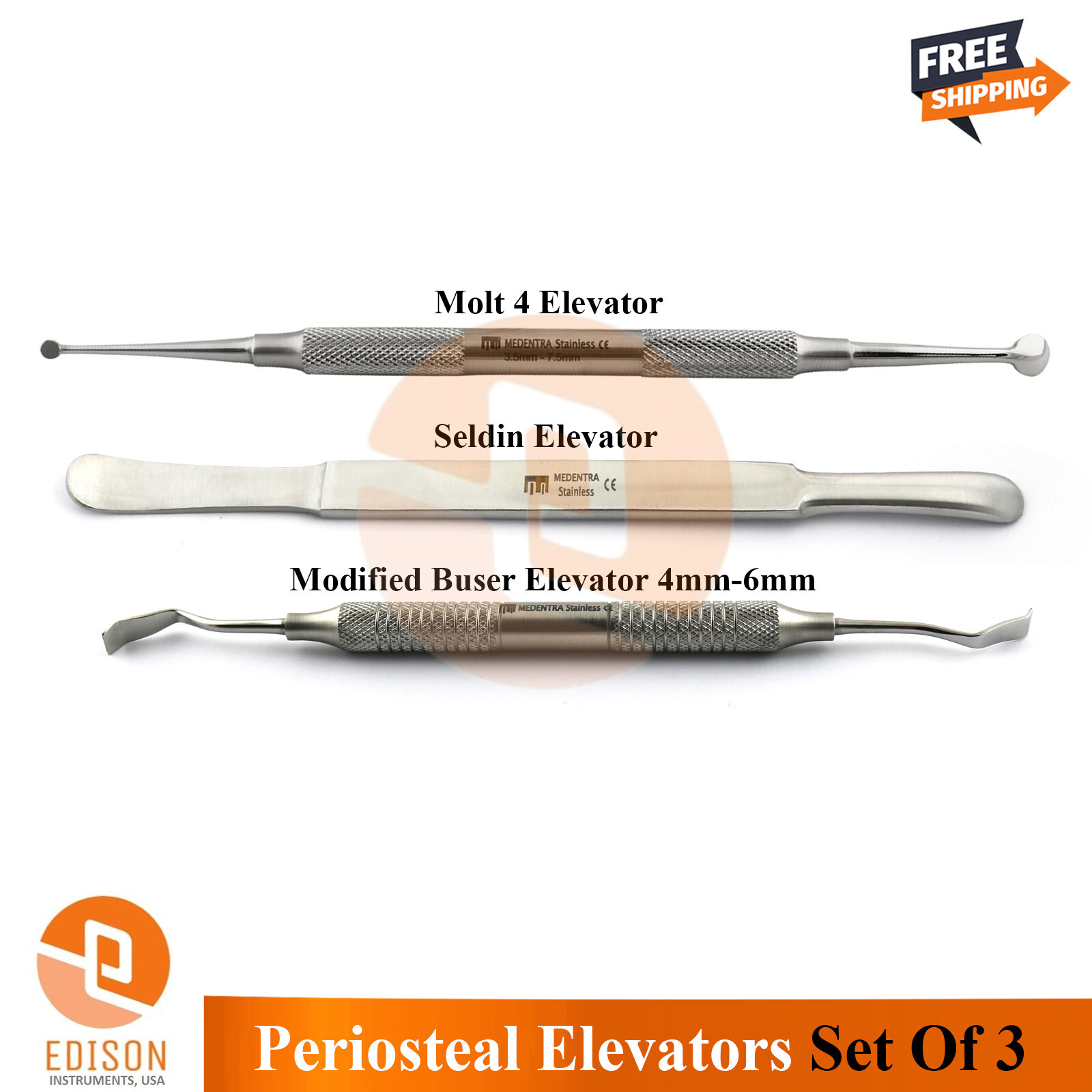 Surgical Periosteal Molt #4 Modified Buser Chisel 4mm-6mm Seldin Elevators Set