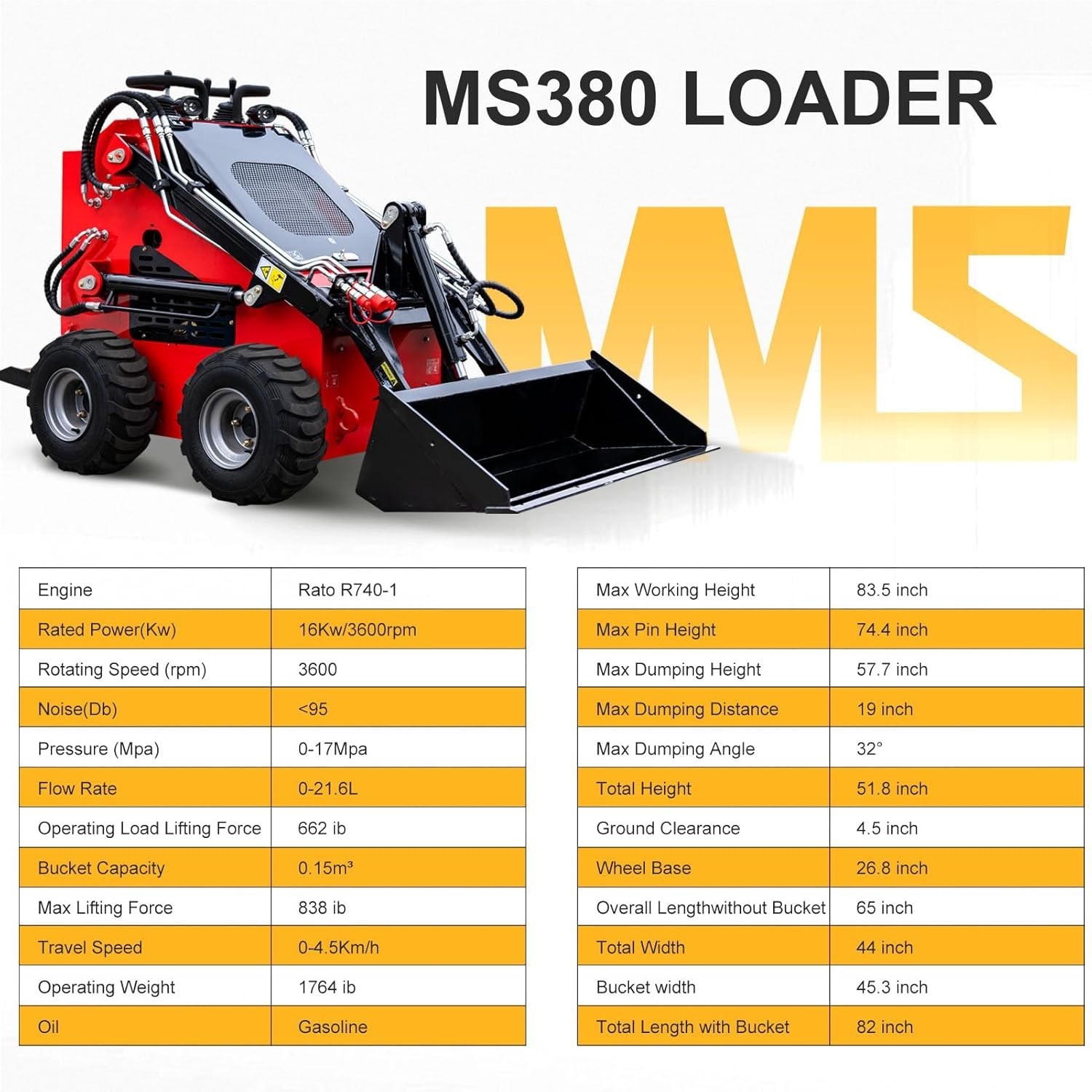 870kg Mini Skid Steer Loader MS380 23HP Dual Pump Wheeled Skid Steer Free Ship