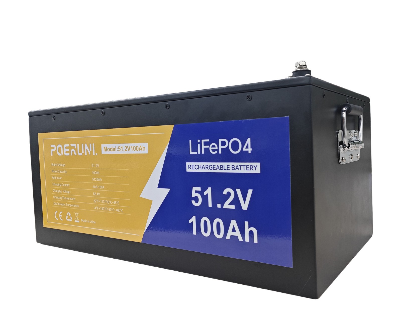 POERUNI 48V 100AH LiFePO4 Lithium Battery with 20A Charger Metal Case Golf Cart