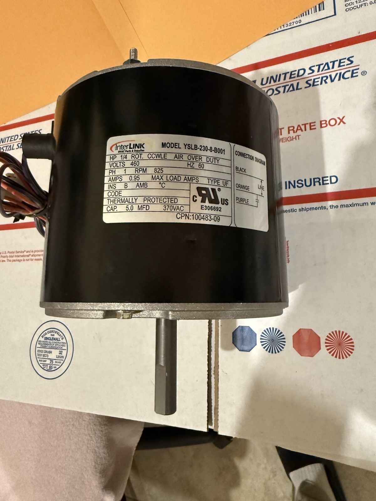 INTERLINK YSLB-230-8-B001 CONDENSER MOTOR 1/4 HP 460 V. CCWLE Rot 825 RPM