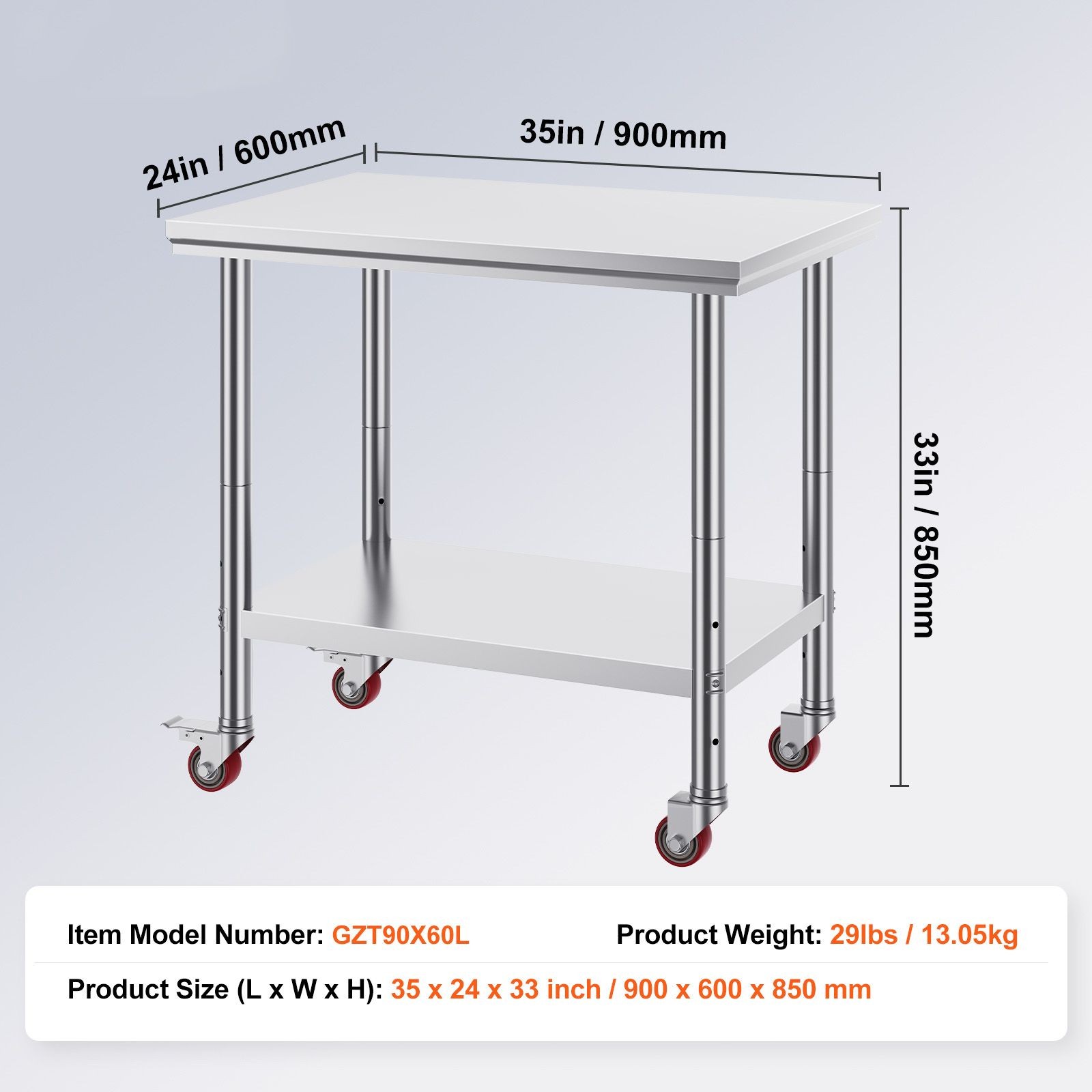 SUS201 Stainless Work Table 35″x24″, 700lb Load, Adjustable Shelves, Casters