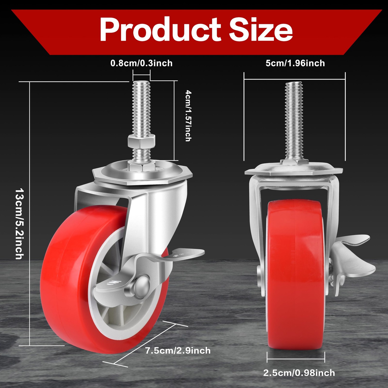 3 Inch Heavy Duty Stem Swivel Casters with Brake, 3/8 Inch, 16 x 1-1/2 Inch