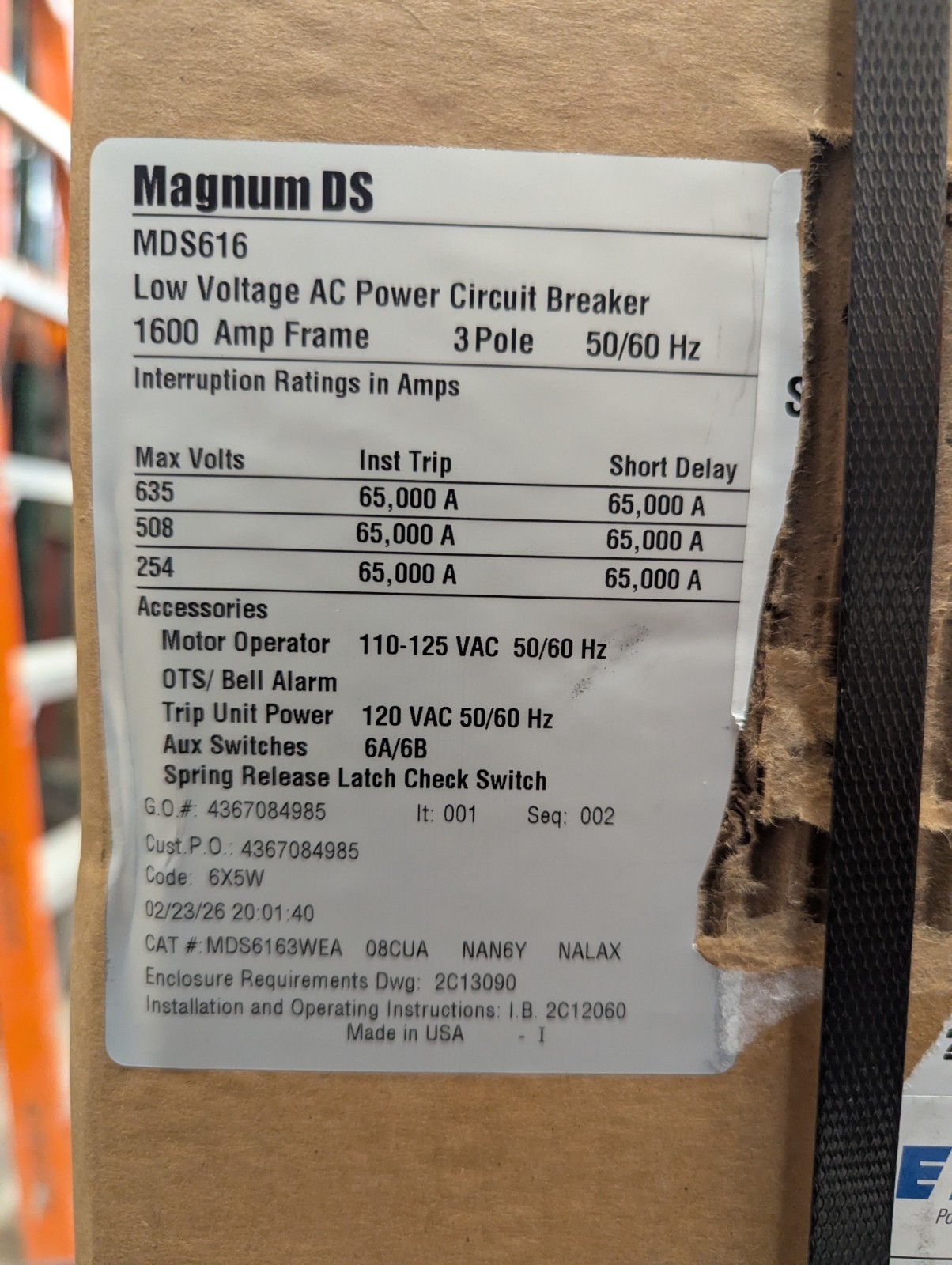 EATON CUTLER-HAMMER MAGNUM DS MDS6163WEA 1600AMP LOW VOLTAGE AC CIRCUIT BREAKER