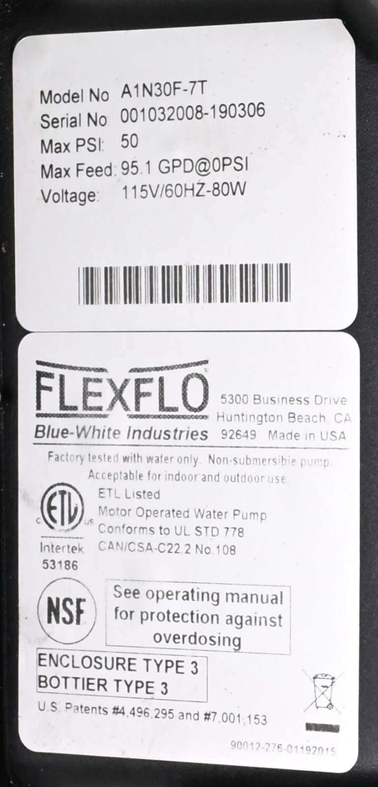 FLEXFLO A-100N A1N30A-7T Peristaltic Metering Pump 60RPM, 50PSI, 95 GPD, 115VAC
