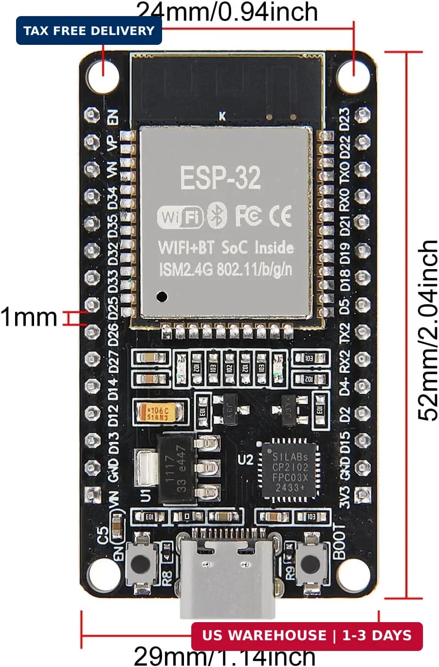 ESP32 ESP-WROOM-32 Wifi and Bluetooth Development Board, 38-Pin, with USB Type-C