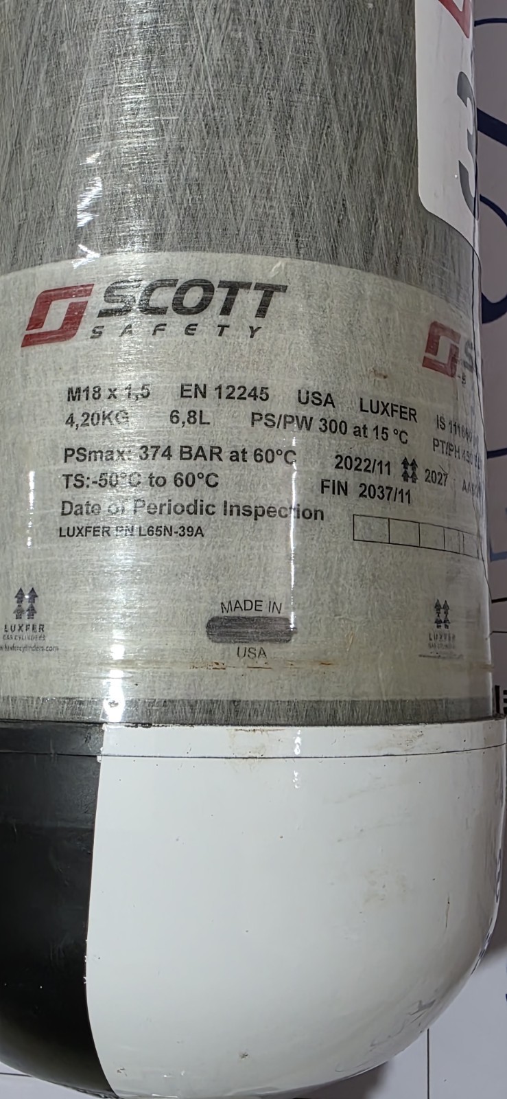 3m SCOTT SCBA SPARE CYLINDER 6.8LTR 300BAR 11/2023
