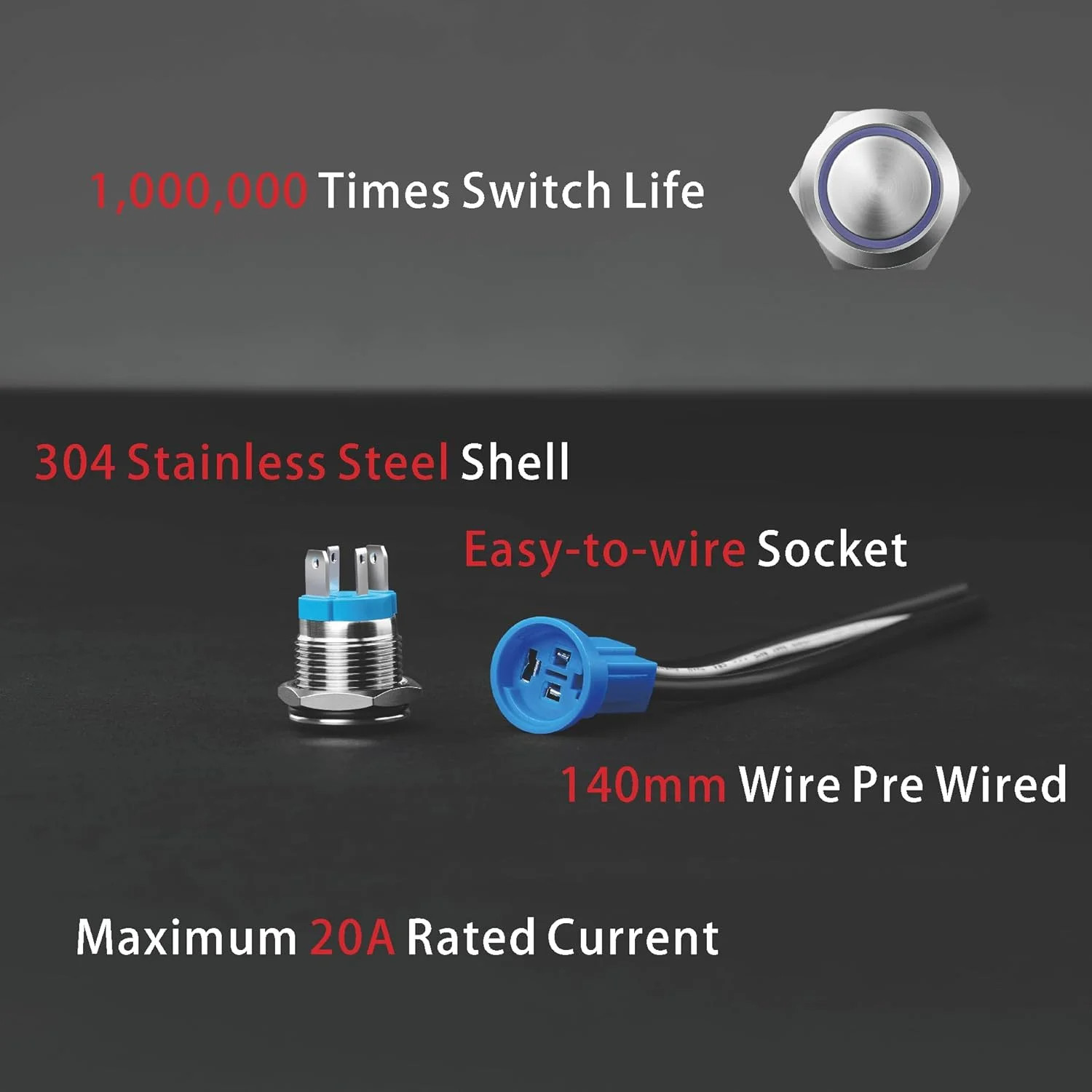 LED Latching Push Button Switch, Stainless Steel, IP67 Waterproof 5-24V 20A 1NO,