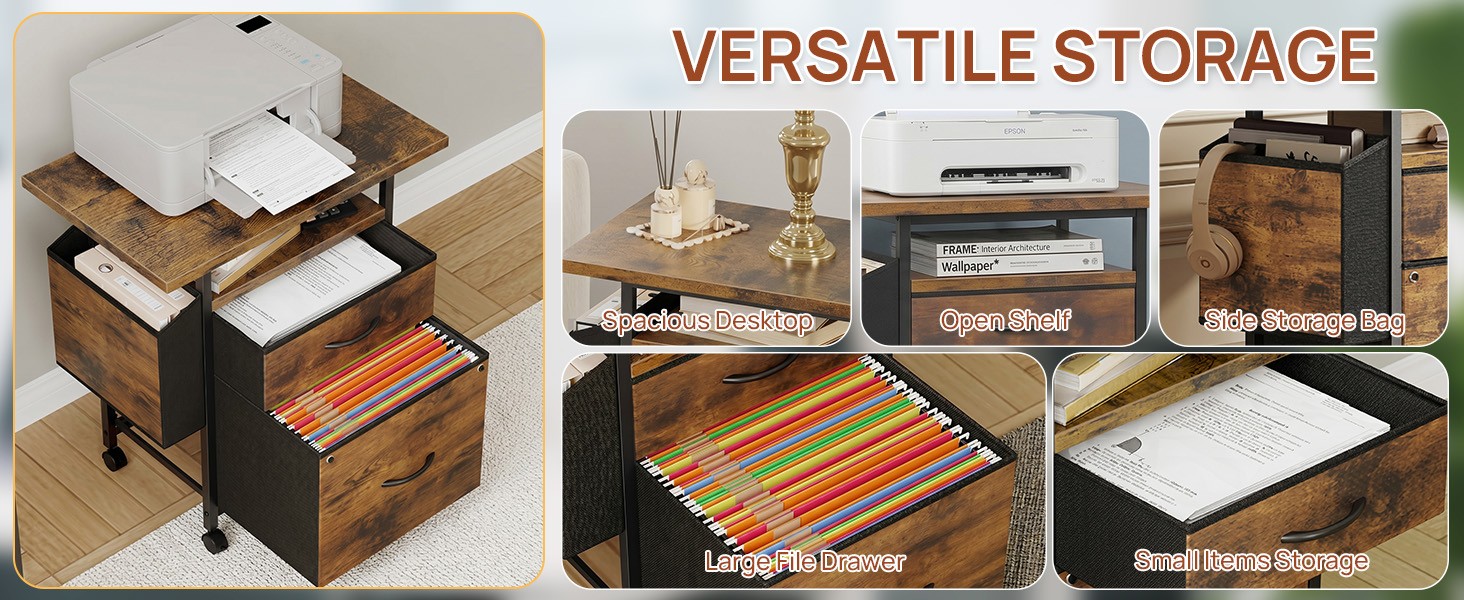 File Cabinets for Home Office, Small Printer Stand with Storage, Rolling Filing